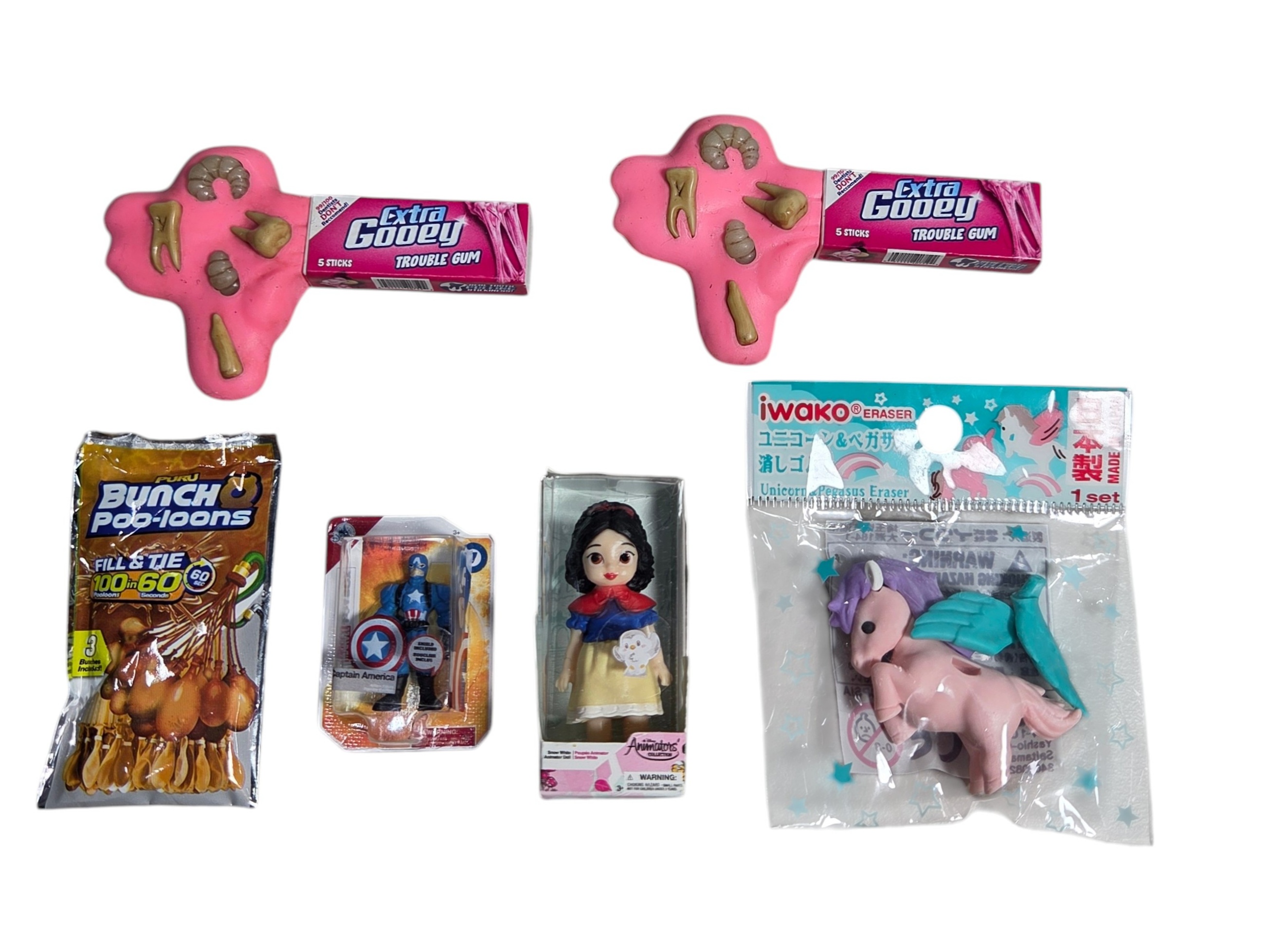 Mixed Novelty Toy Lot - Disney Animators Snow White, Captain America, Iwako Eraser, Bunch O Balloons & Extra Gooey Gum