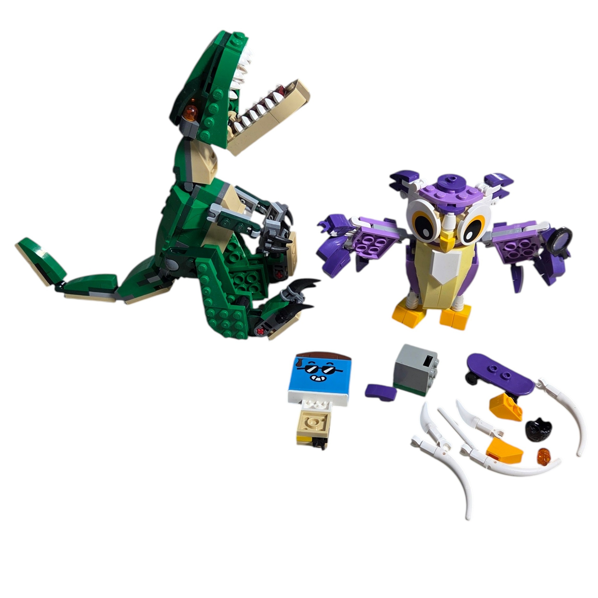 LEGO Dinosaur & Owl Build Lot - Green T-Rex Style Figure, Purple Owl & Loose Pieces