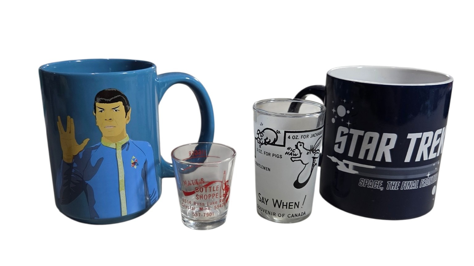 Star Trek Mug & Shot Glass Lot - Spock Live Long and Prosper, Space Final Frontier, Matts Bottle Shoppe & Canada Say When