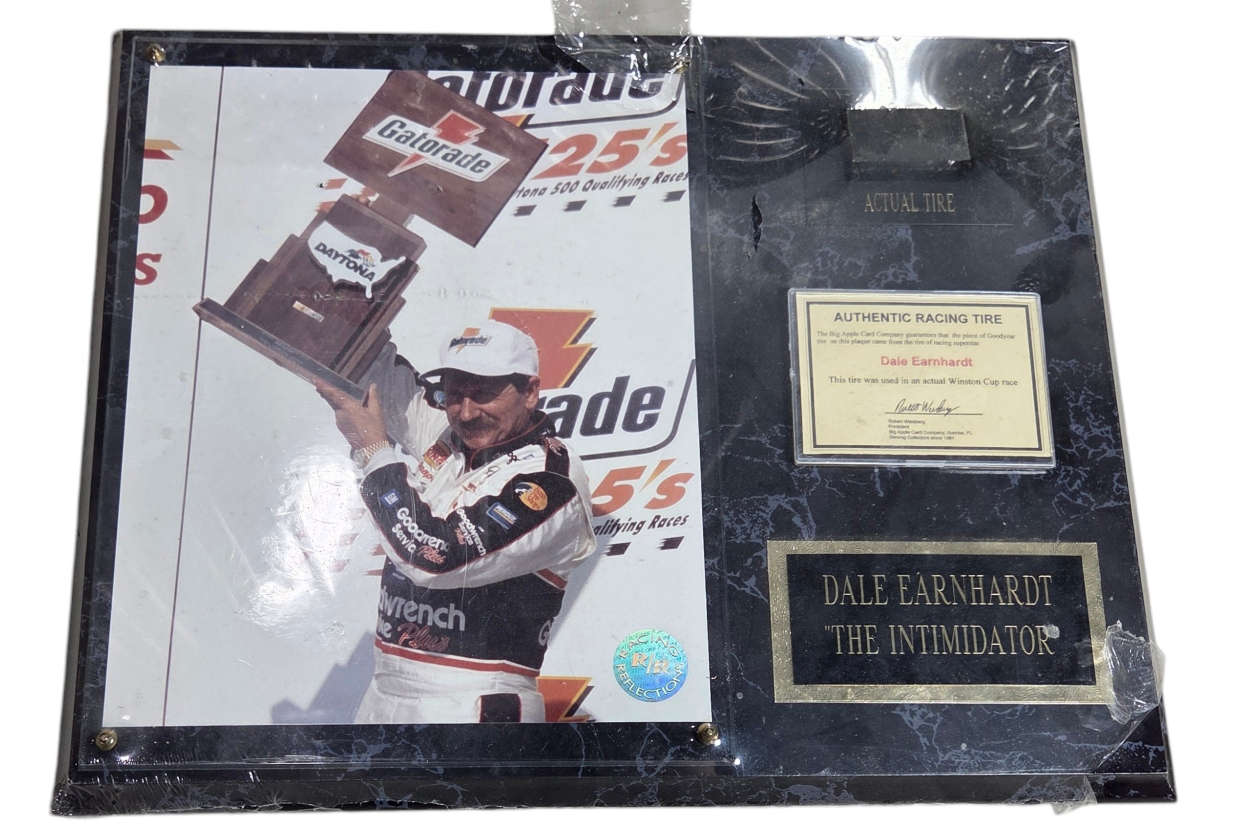 Dale Earnhardt The Intimidator Racing Tire Plaque - Big Apple Card Company NASCAR Memorabilia