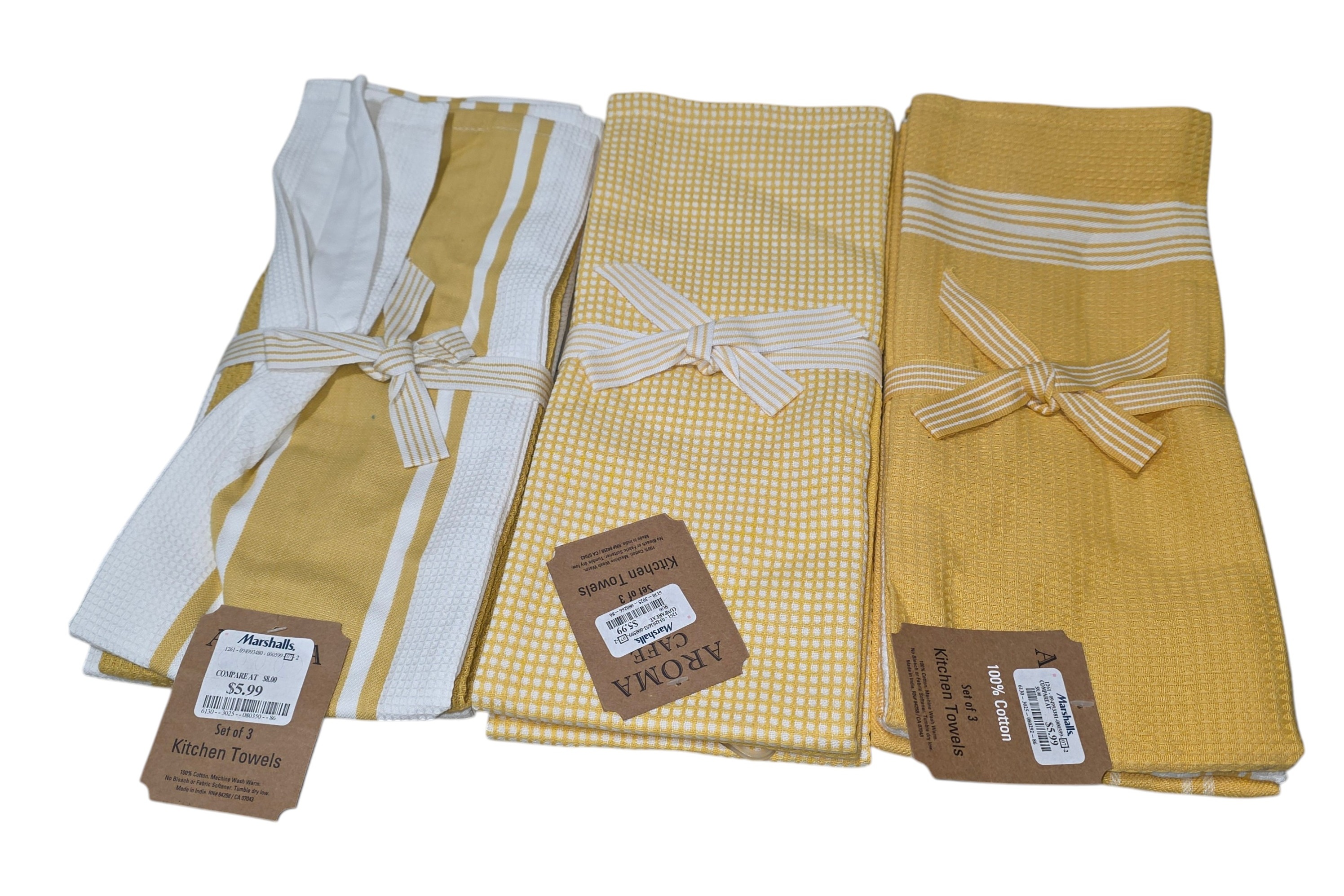 Aroma Cafe Kitchen Towels - 3 Sets of 3, Yellow & White 100% Cotton Towels