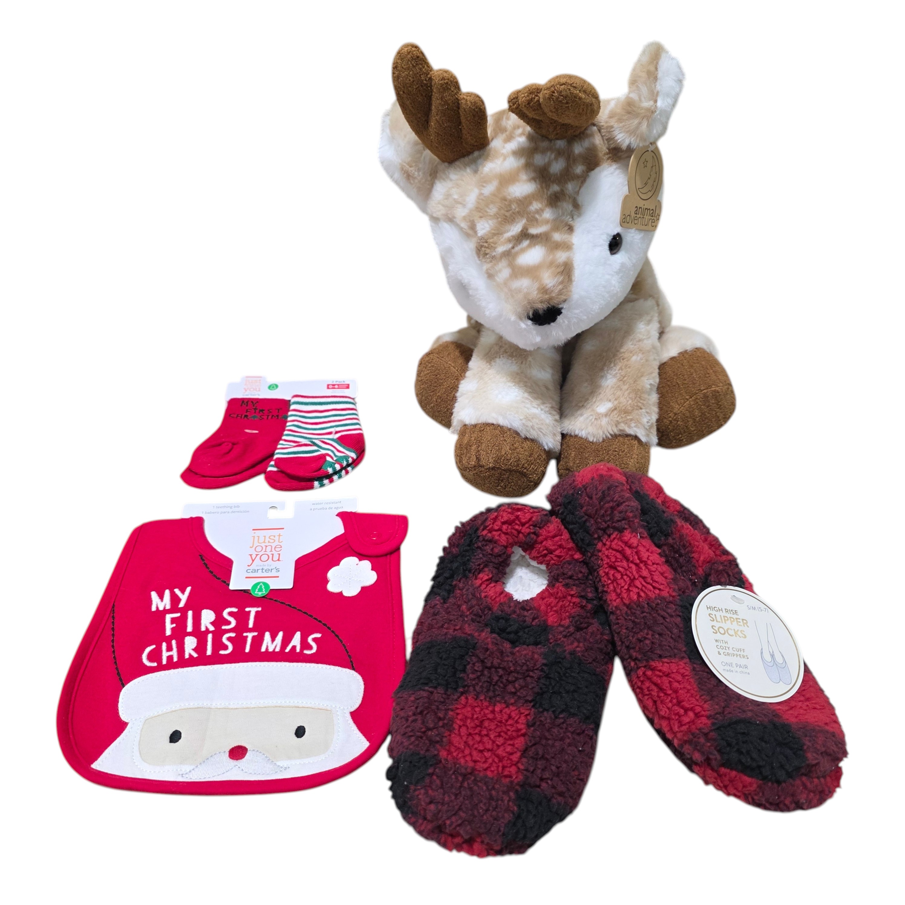 Christmas Baby & Comfort Lot - Animal Adventure Deer Plush, Carters BibSocks & Slipper Socks