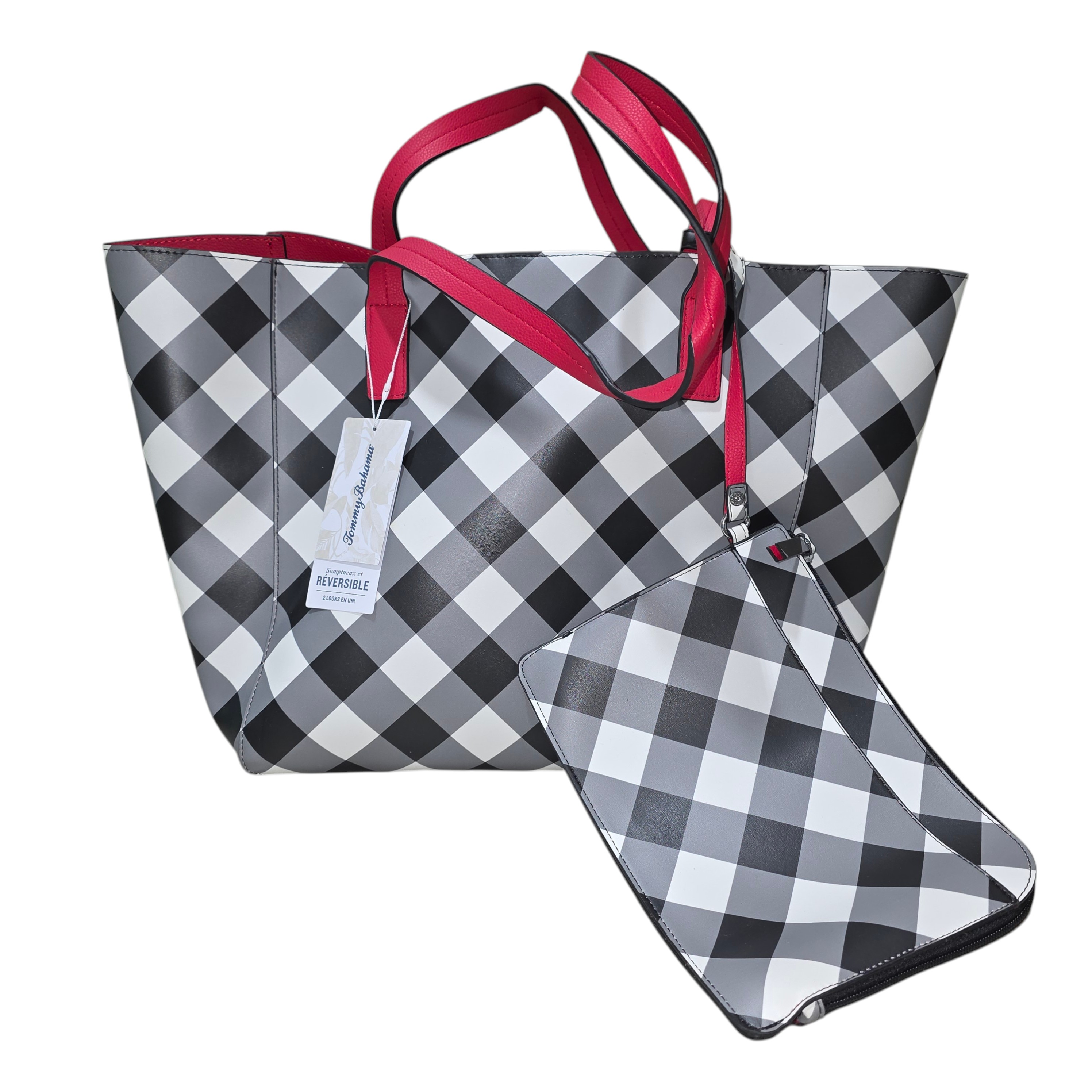 Tommy Bahama Reversible Tote Bag - BlackGray Checkered Purse With Wristlet Pouch