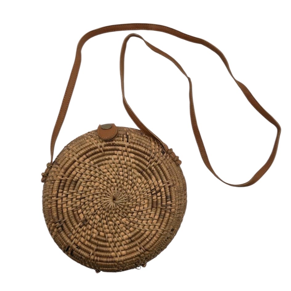 Vintage Brown Rattan Circle Cross Body Purse Handmade