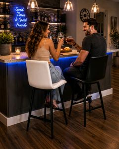 Pair of Modern Bar Stools – Black & White Padded Seats, Black Legs