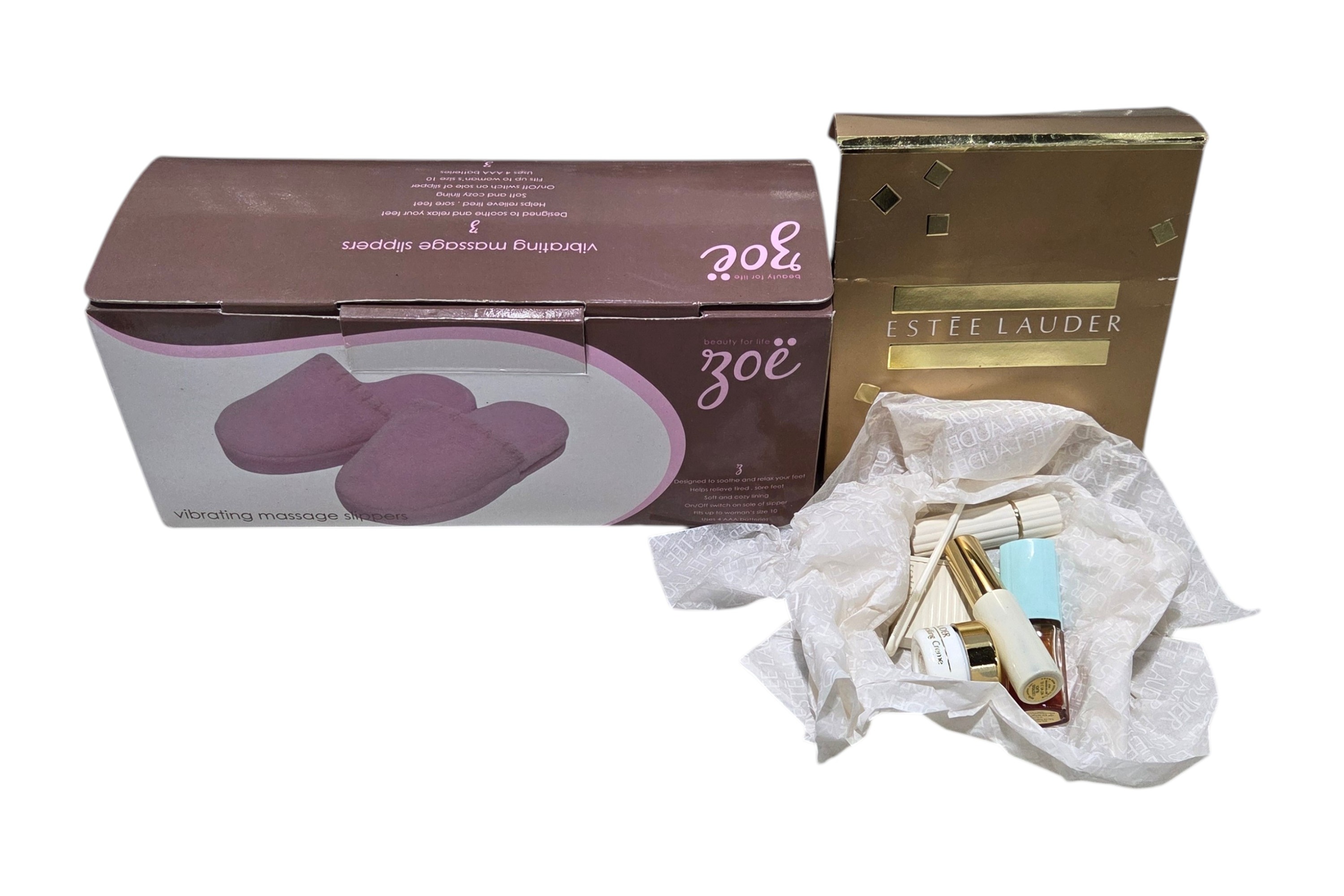 Este Lauder Top Priorities Cosmetic Gift Set & Zoe Vibrating Massage Slippers Open Box