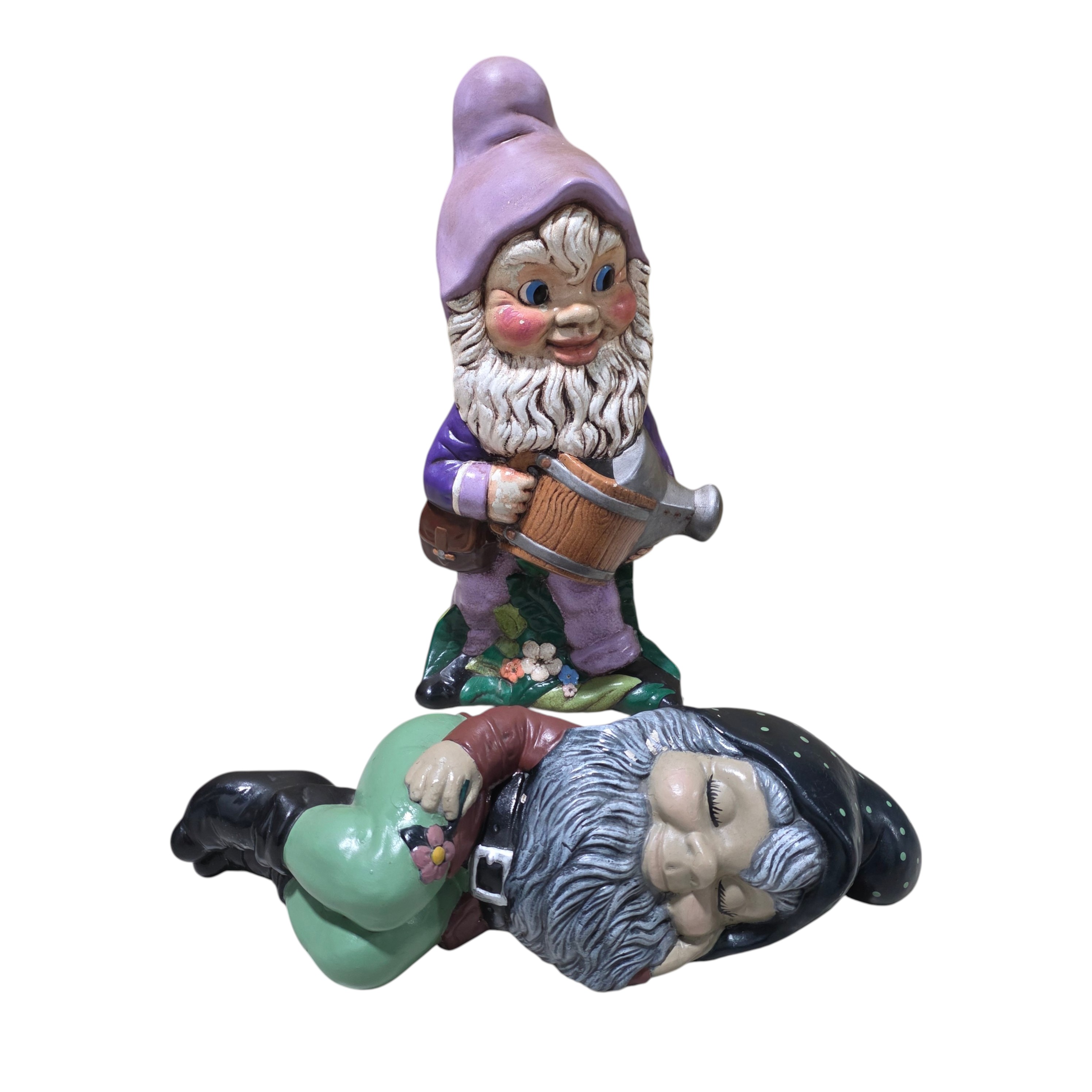 Ceramic Garden Gnome Decor Lot - Standing Watering Can Gnome & Sleeping Gnome