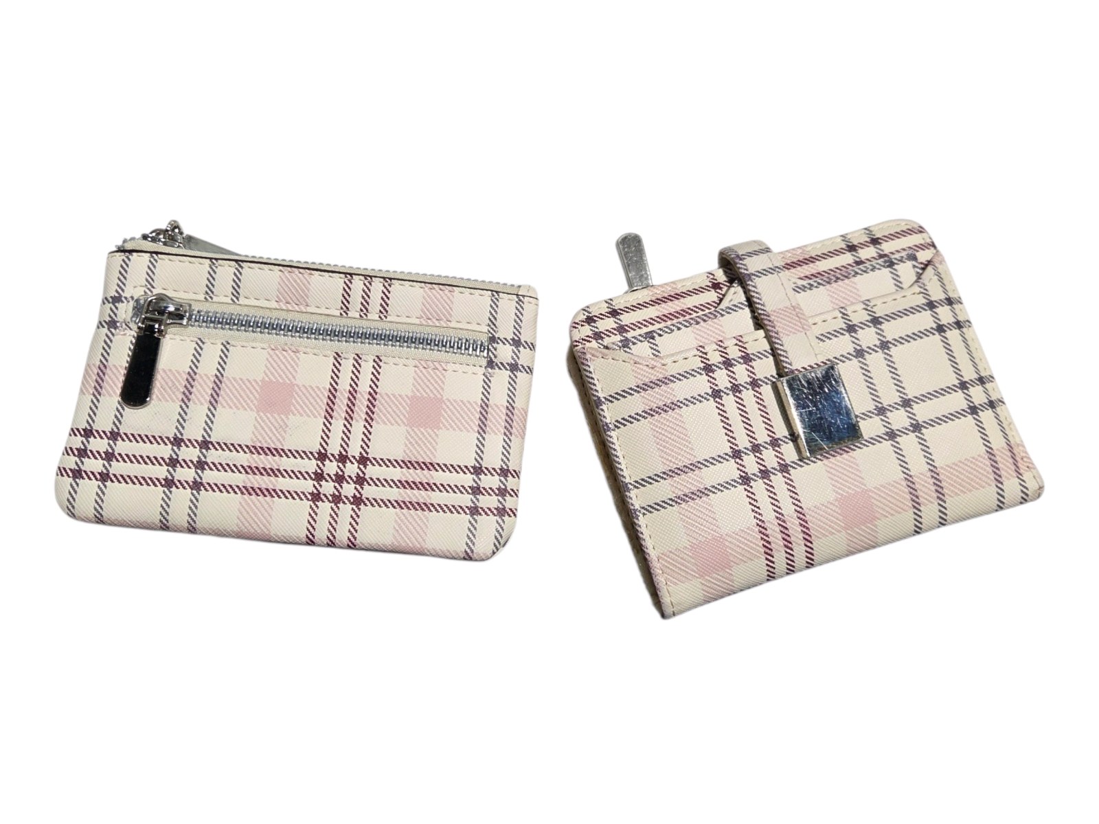 Lot - Safe Keeper Wallet And Coin Purse Small Pink White Tan Plaid Snap And Zip