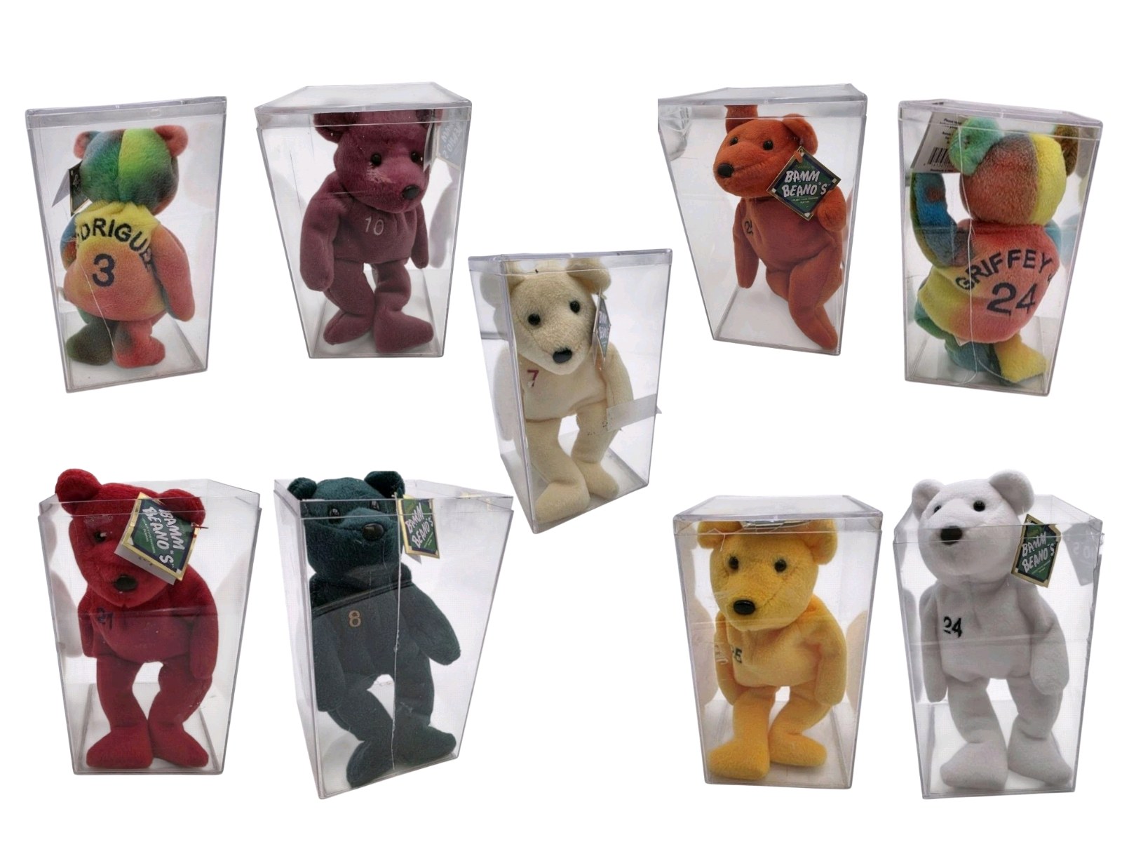 Lot of 9 Bamm Beanos Baseball Player Plush Bears in Display Boxes  Griffey, Ripken Jr, Sosa, Jones & More
