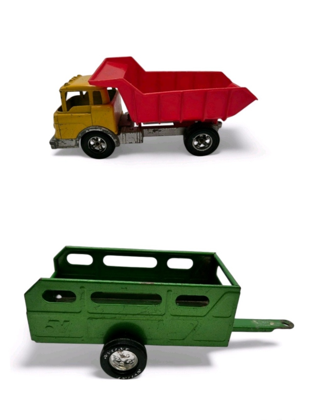 Vintage Hubley Kiddie Toy Diecast Metal Dump Truck & Ny-Lint Cattle Trailer