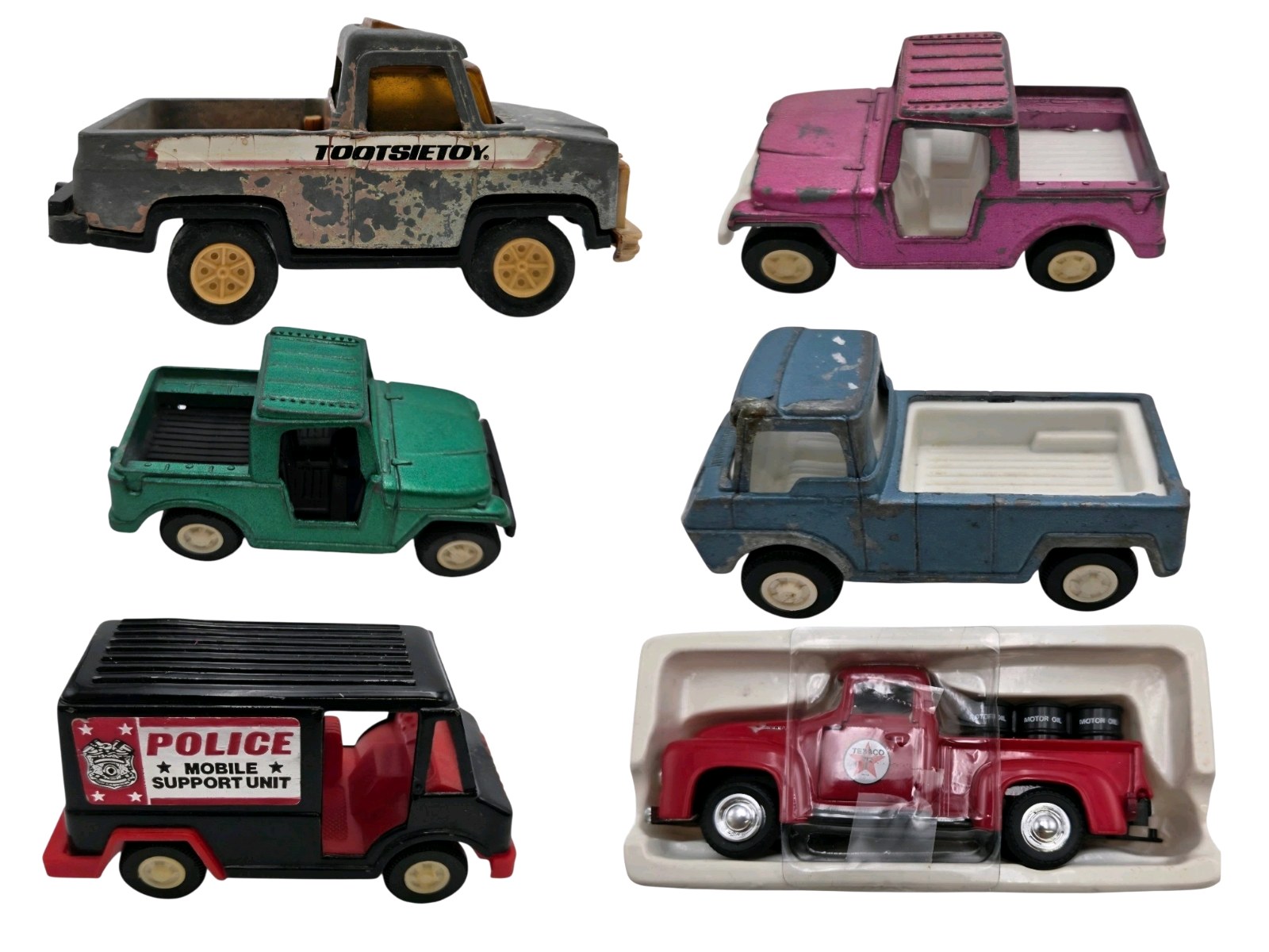 Vintage Tootsietoy & Toy Vehicle Lot  Pickup Trucks, Texaco Ford, Police Support Unit, Trailer