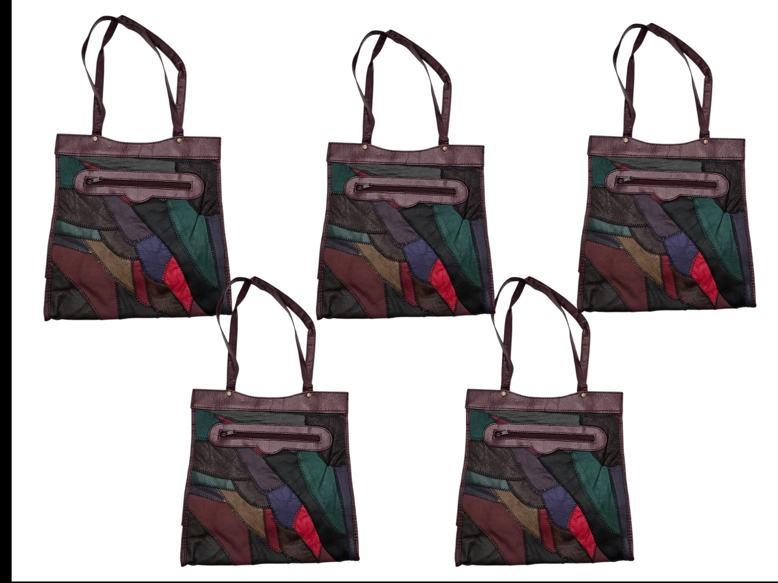 Lot of 5 Patchwork Leather Tote Bag Multi Color Zigzag Stitch Shoulder Bag Boho Purse