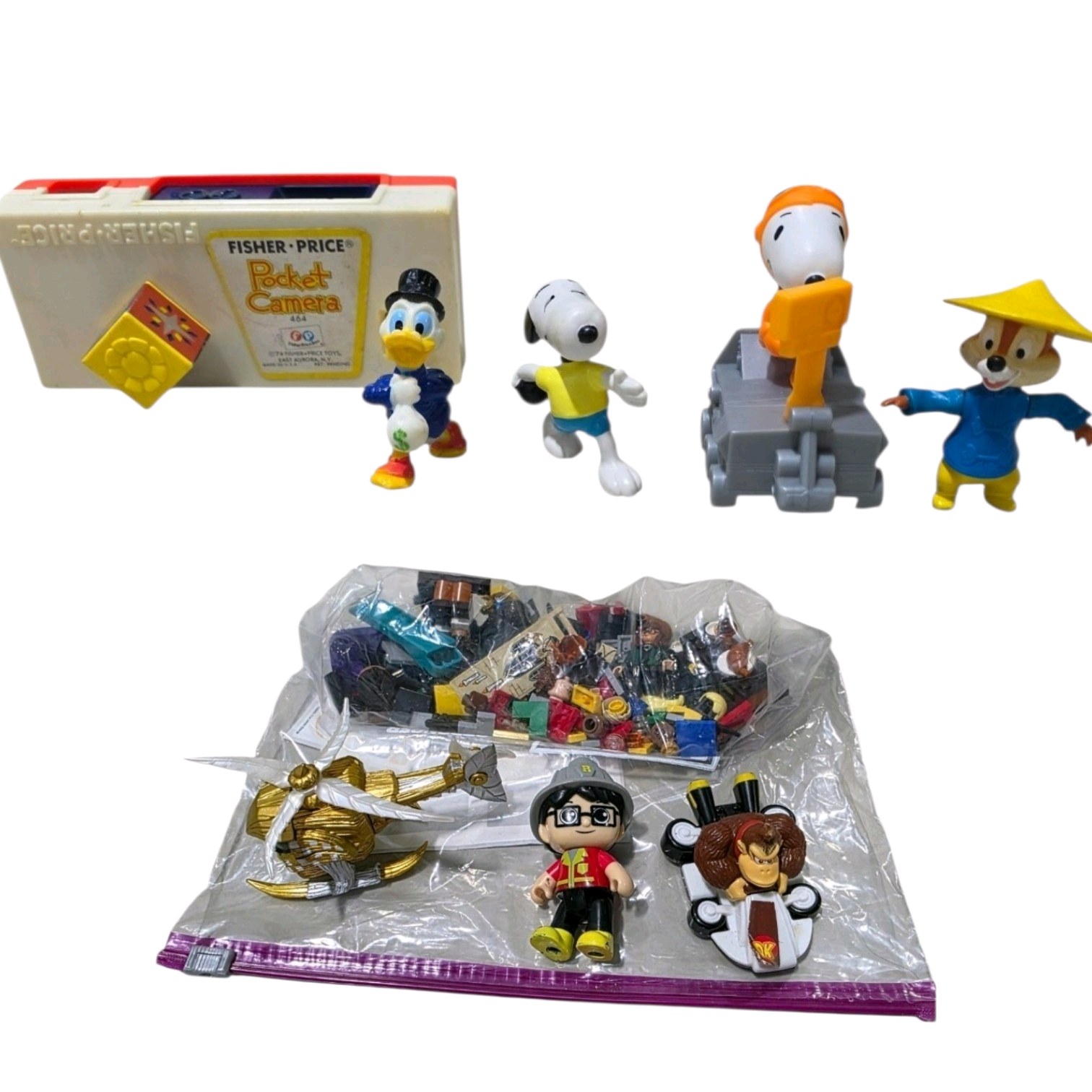 Vintage & Mixed Toy Lot - Fisher-Price Pocket Camera 464, Peanuts, Disney, LEGO Style Parts