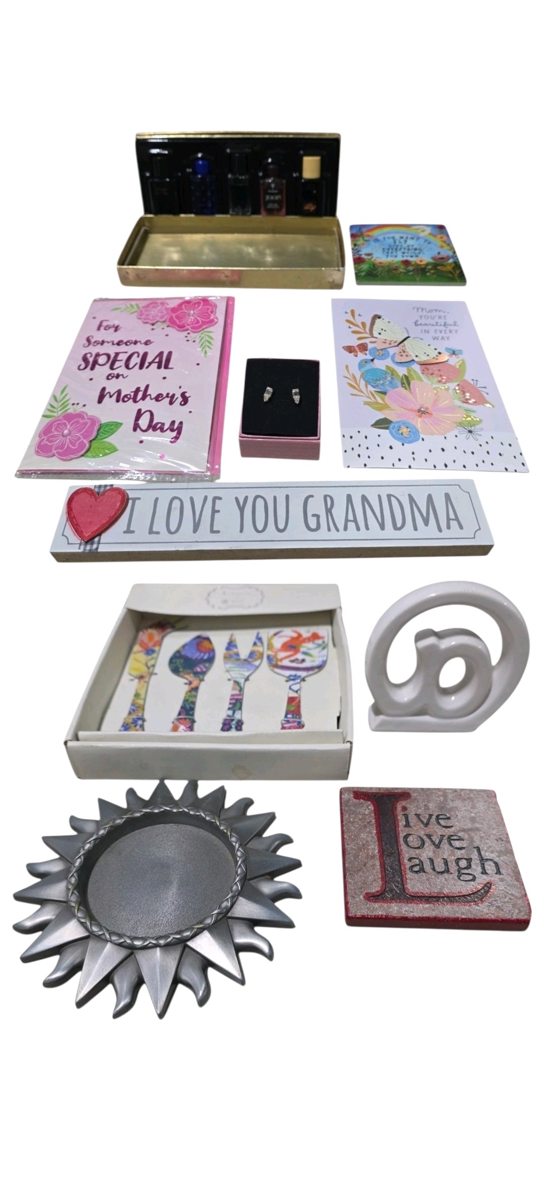 Gifts & Home Decor Lot  Cards, Signs, Earrings, Perfume Set, Artistic Accents Serving Utensils