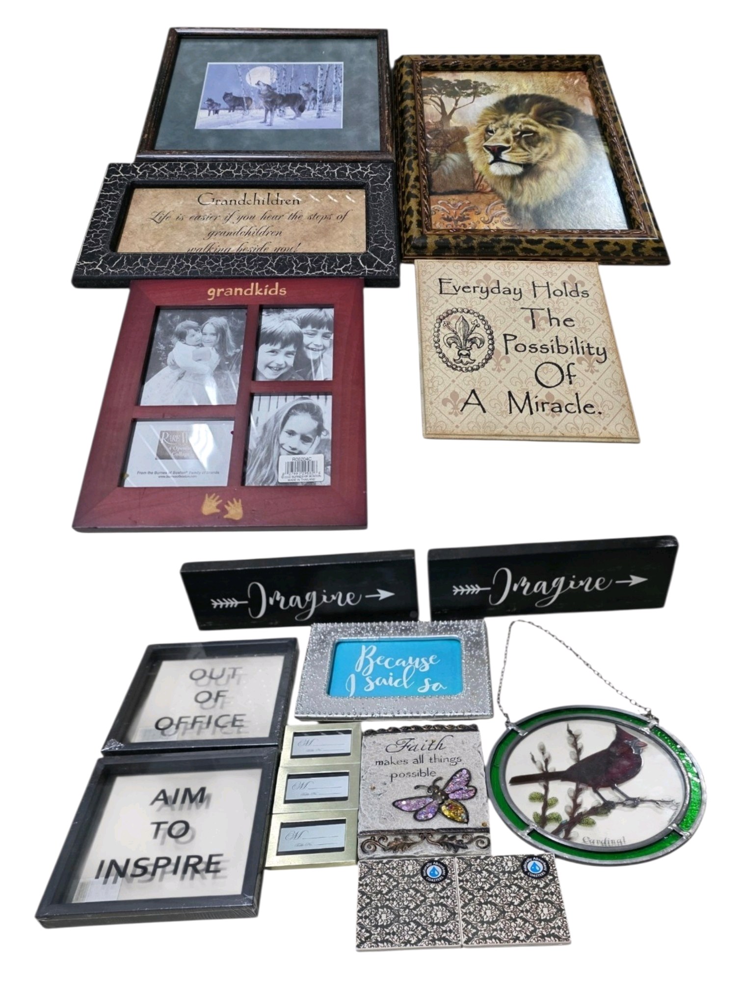 Mixed Home Decor Wall Art Lot  Frames, Signs, Stained Glass, Coasters & More