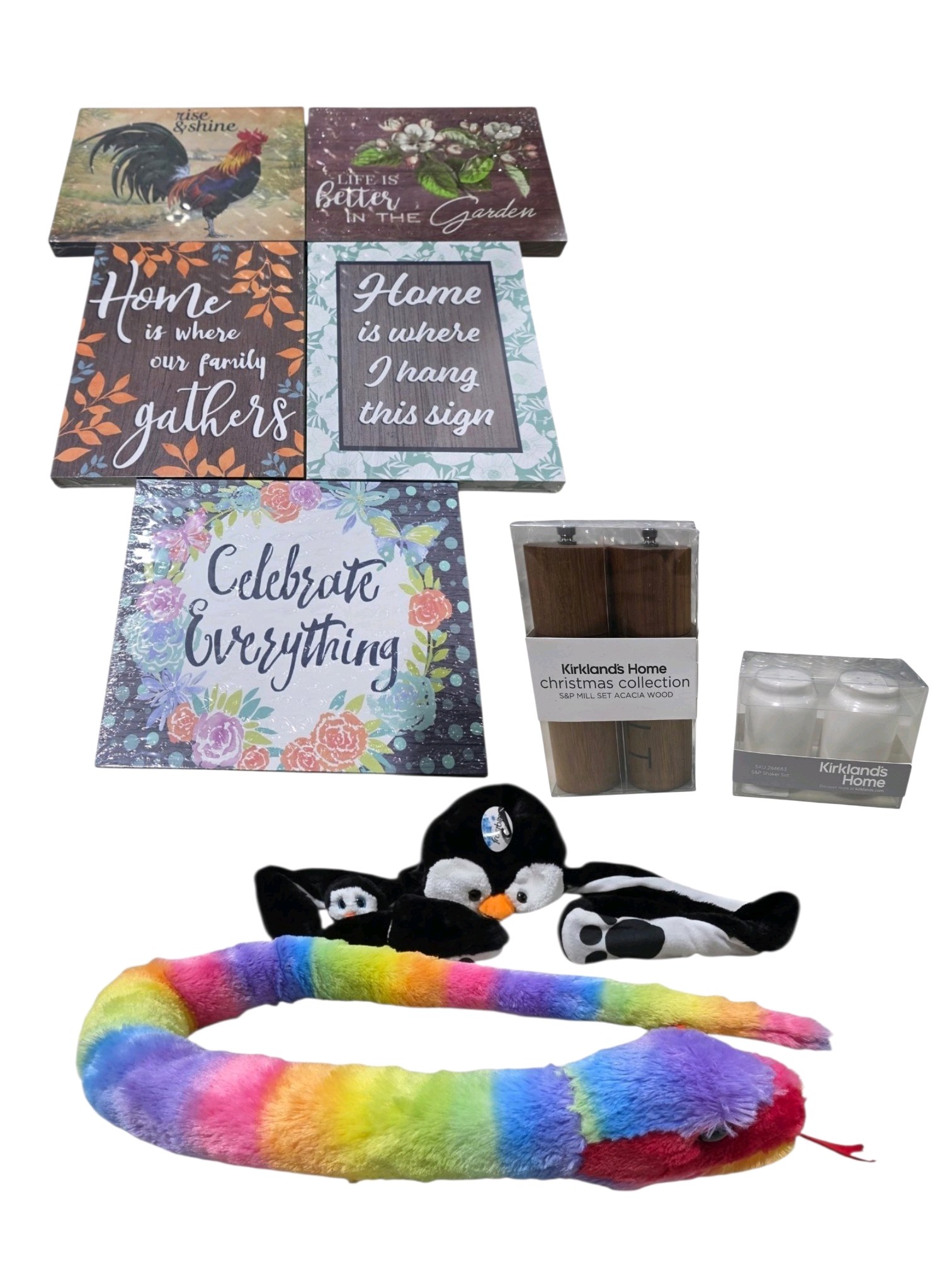Mixed Home Dcor, Christmas Kitchen & Plush Toy Lot  Wall Signs, Salt & Pepper Set, Penguin & Snake Plush
