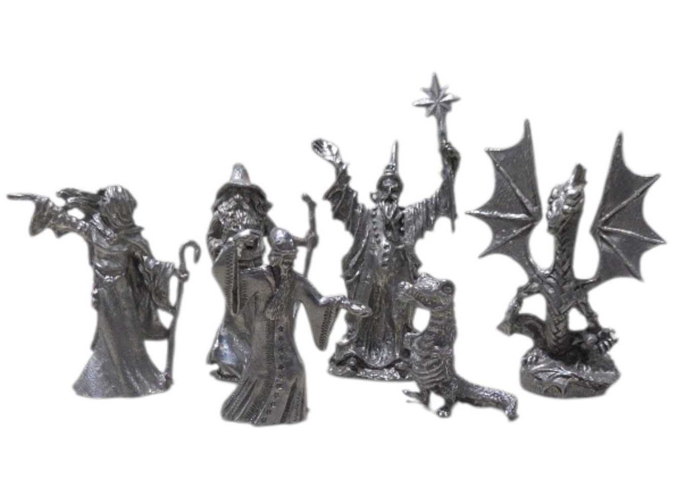 Fantasy Mini Figure Lot Winged Dragon Wizard Mage Sorcerer 6 Pc Silver Tone