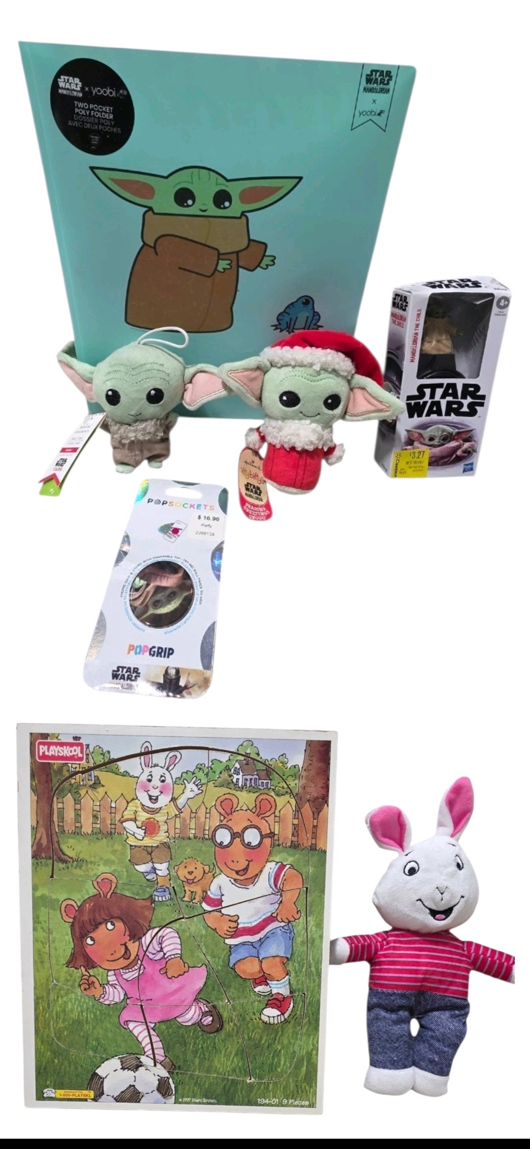 Star Wars Mandalorian Grogu Lot With Yoobi Folder, Plush, PopSocket, Hasbro Figure, Playskool Arthur Puzzle and Plush
