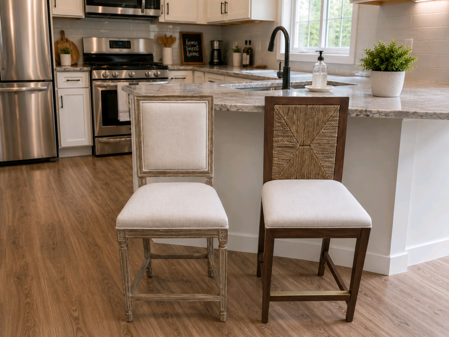 Lot of 2 Restoration Hardware RH Counter Stools - Wood Frames, Upholstered Seats & Woven Back