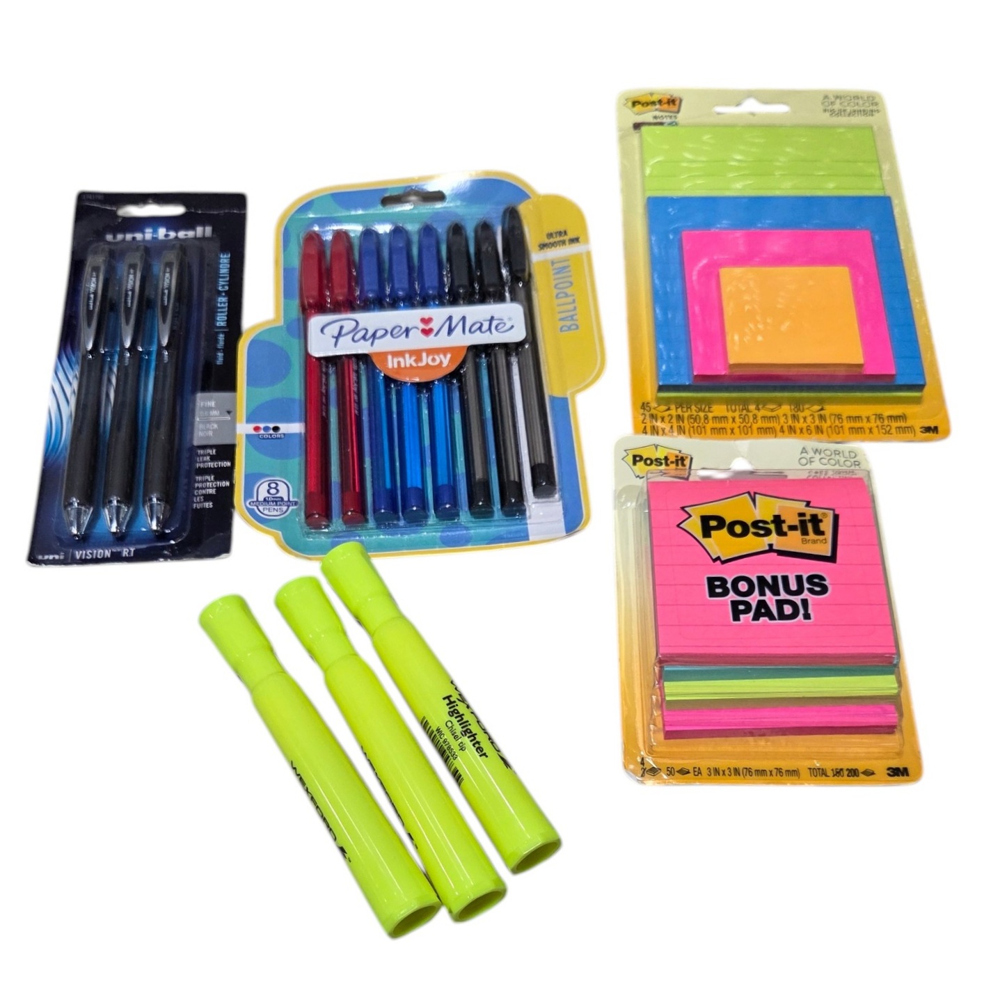 Office Supply Lot - Uni-Ball Vision RT Pens, Paper Mate InkJoy Pens, Post-it Notes & Highlighters