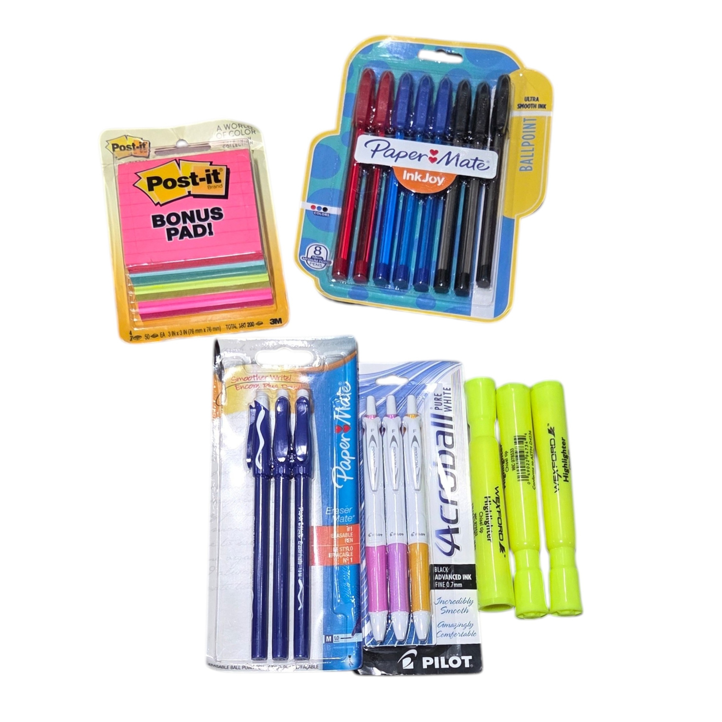 Office Supply Lot - Paper Mate InkJoy, Eraser Mate, Pilot Acroball, Post-it Notes & Highlighters