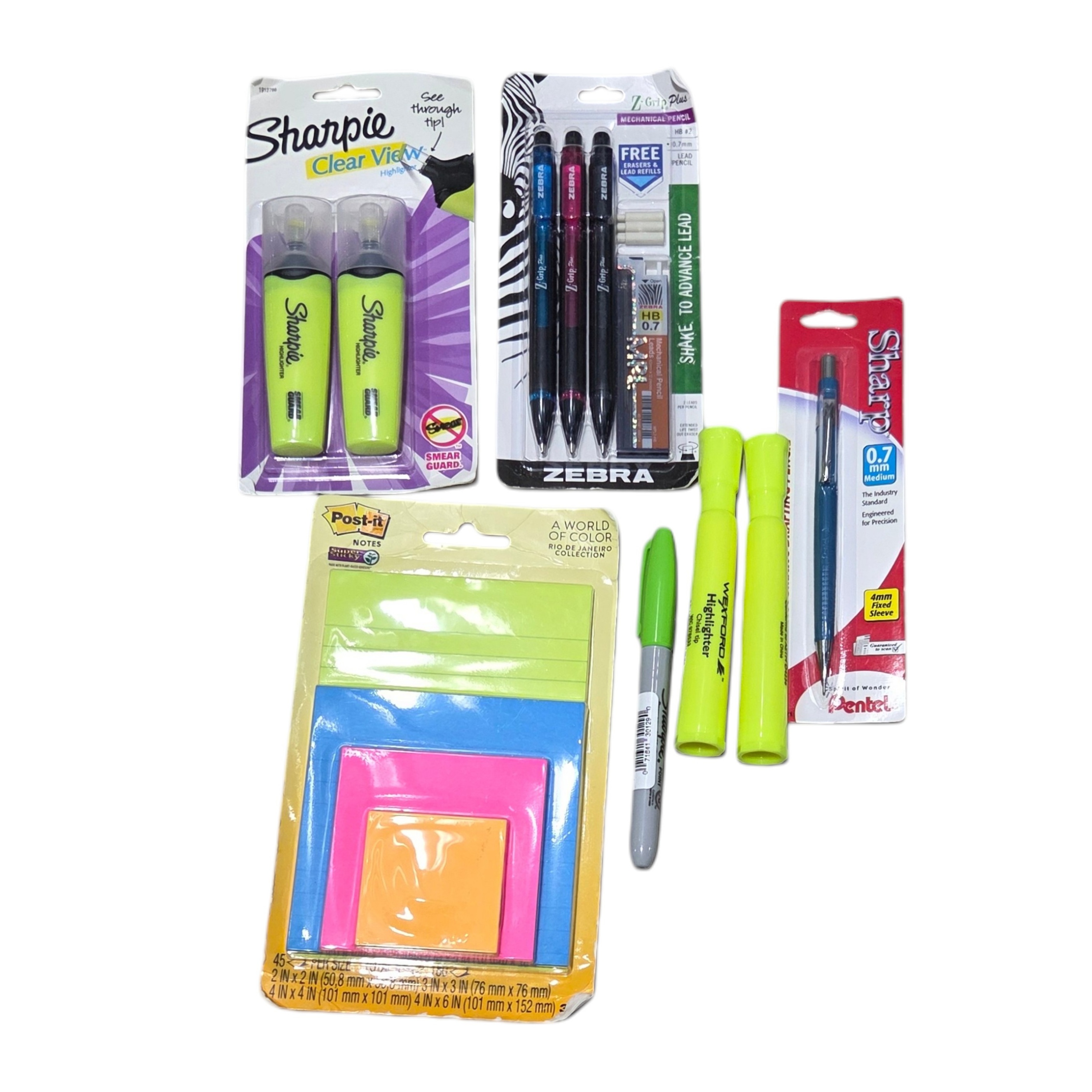 Office Supply Lot - Sharpie Clear View, Zebra Mechanical Pencils, Pentel Drafting Pencil, Post-it Notes & Highlighters
