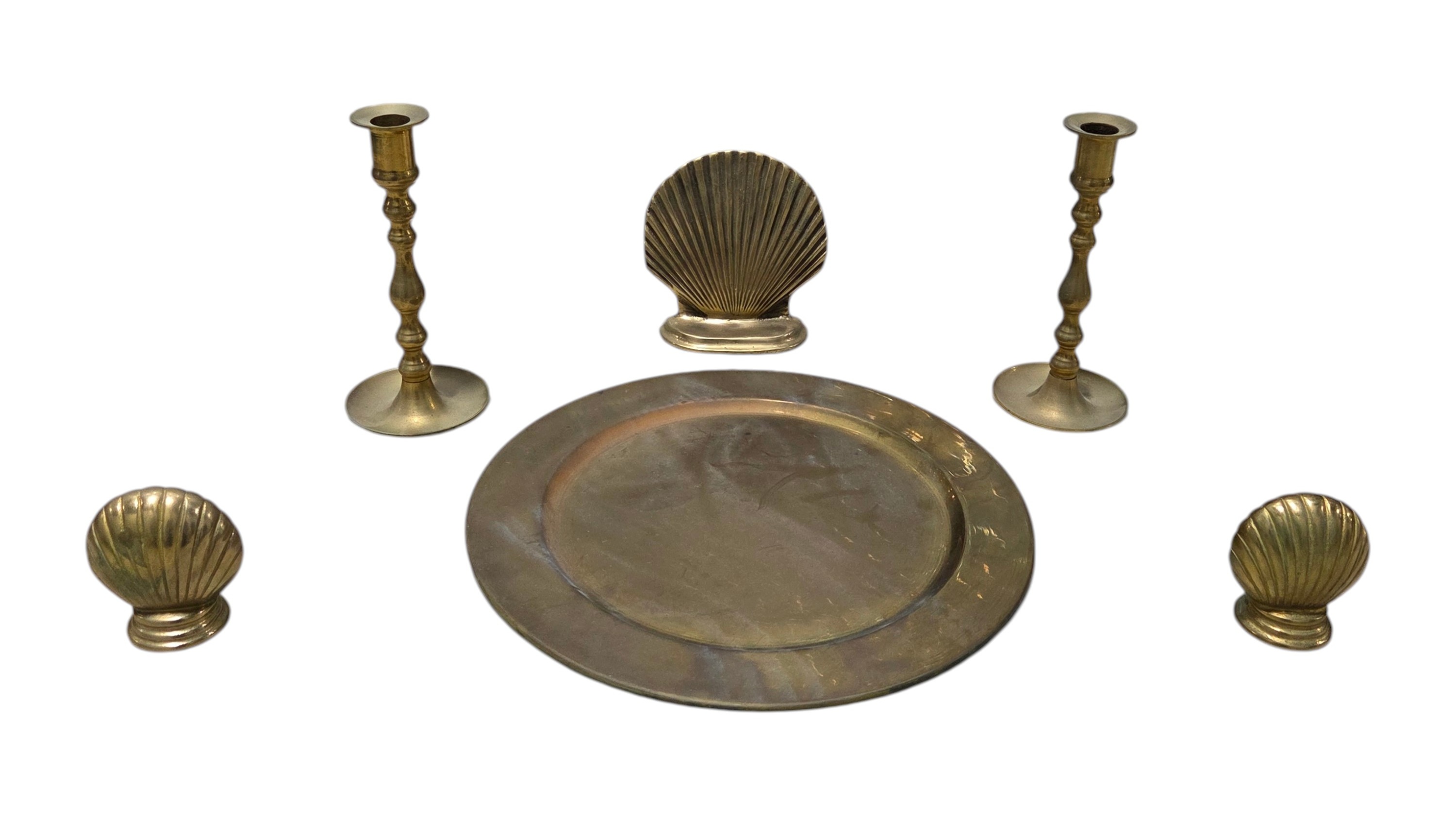 Brass Tone Seashell Decor Set - Candle Holders, Tray & Shell Pieces