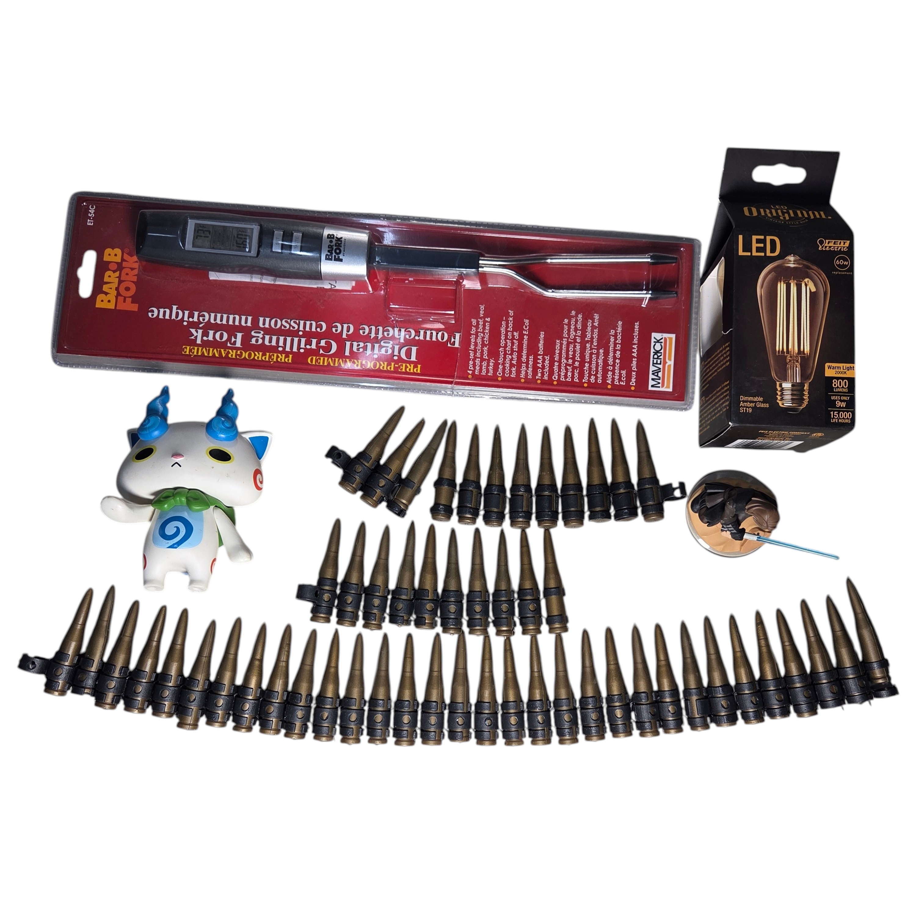 Mixed Novelty & Household Lot  Bar-B Fork Digital Grilling Fork, Feit LED Bulb, Toy Figures & Plastic Bullet Belts