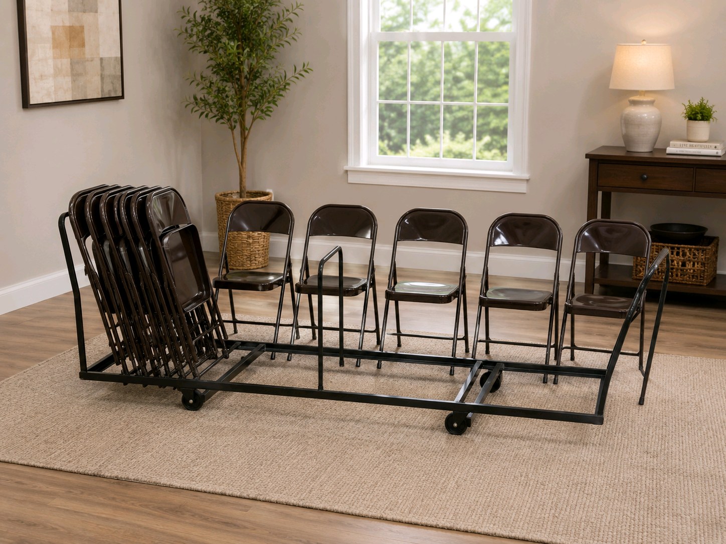 6 Brown Metal Folding Chairs With Rolling Storage Cart