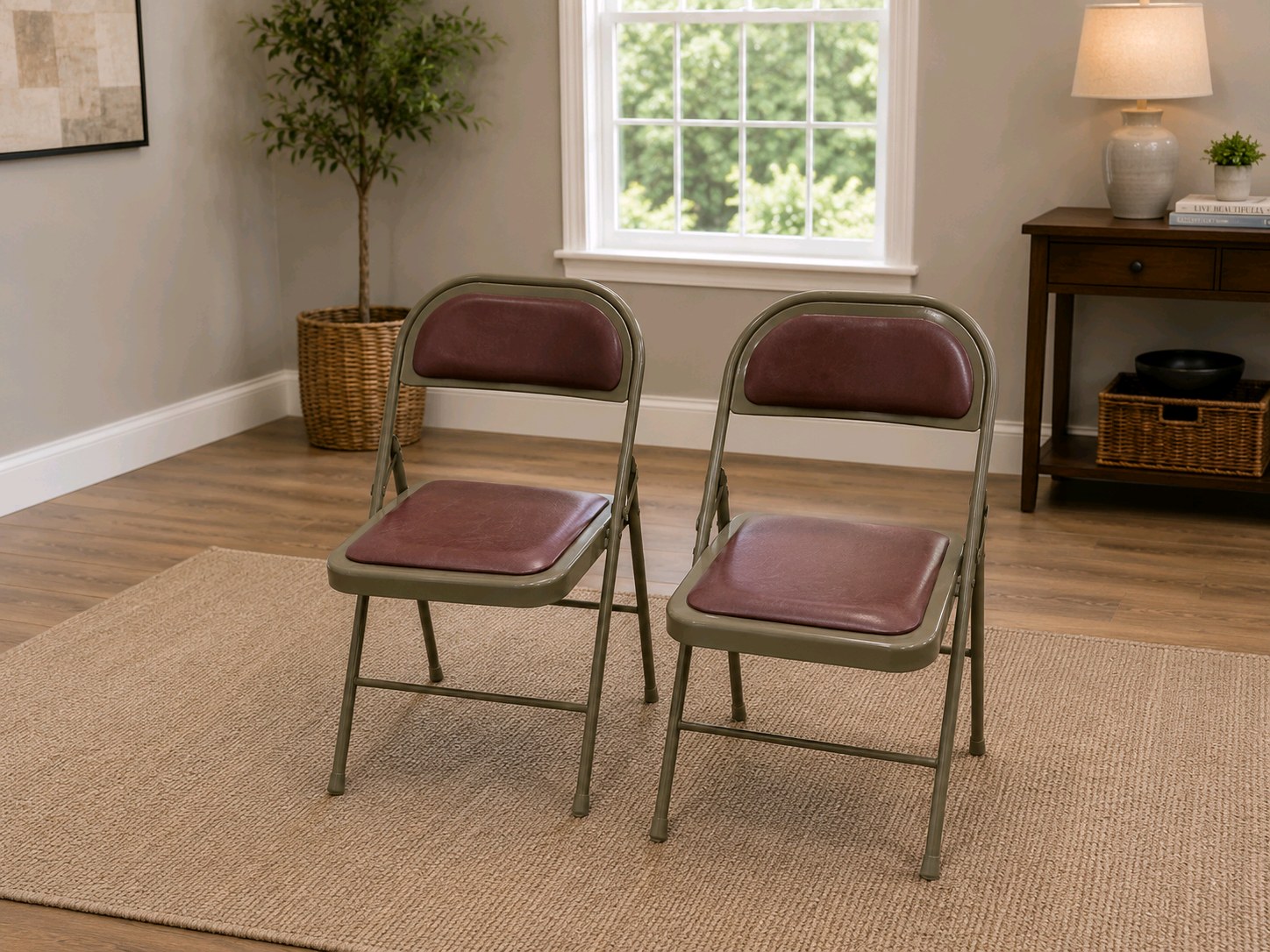 2 Vintage Krueger Folding Chairs - Nationwide Housing Corp Pink and Beige Metal Chairs