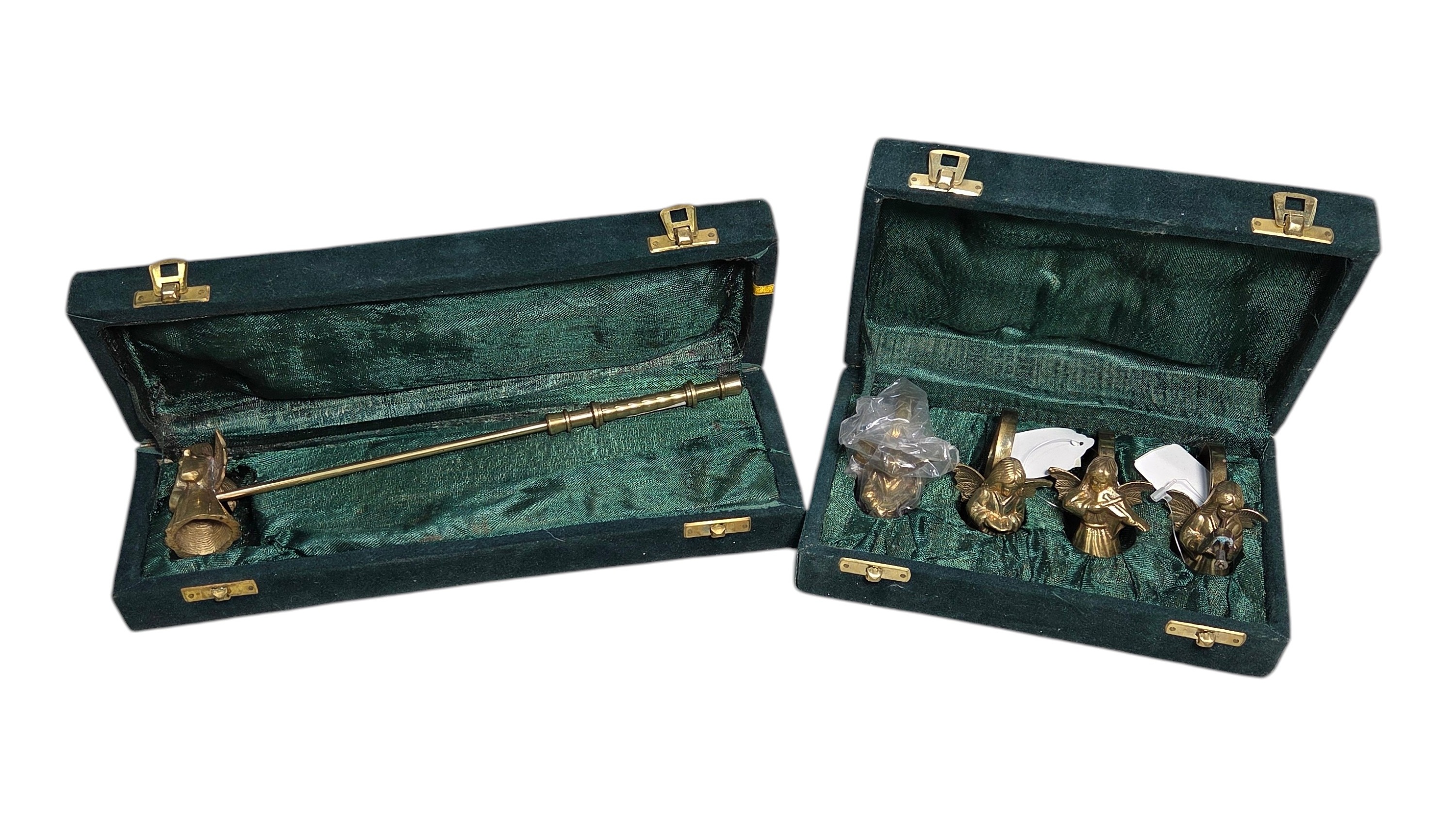 Brass Angel Napkin Rings & Candle Snuffer Sets in Green Cases