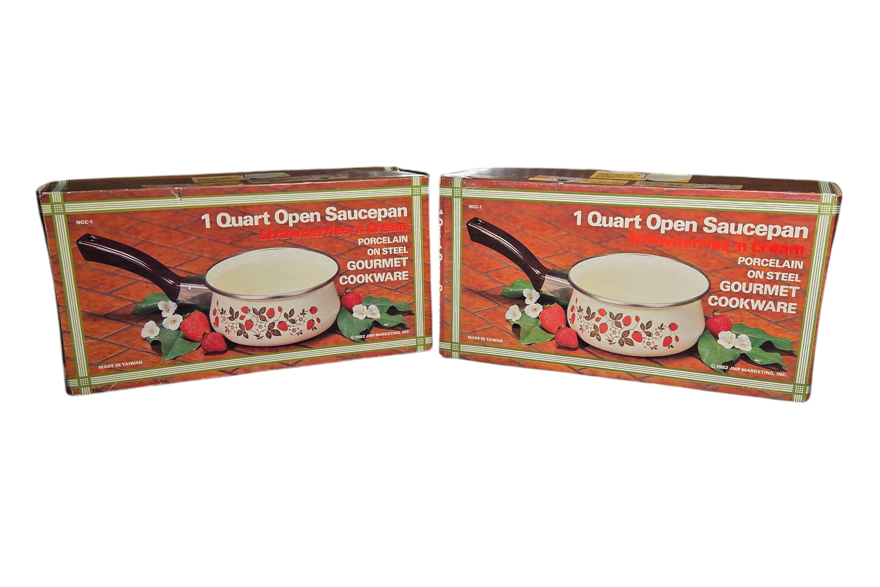 Pair of Vintage Strawberries n Cream 1 Qt Open Saucepans  Porcelain on Steel Cookware, Boxed
