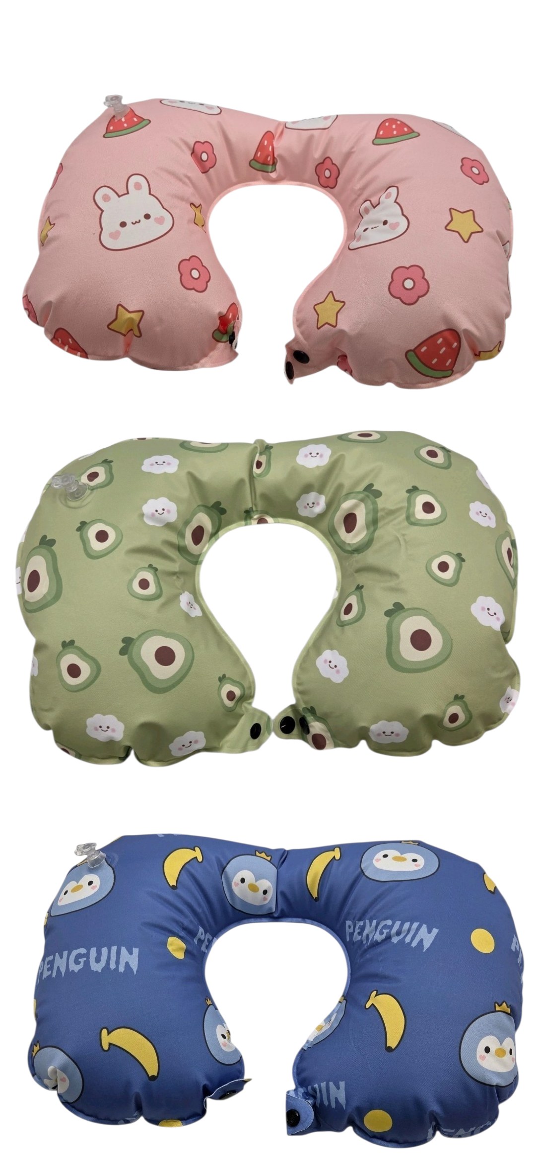 Inflatable Travel Neck Pillow Green Blue and Pink  Cartoon Pattern with Built-In Hand Pump
