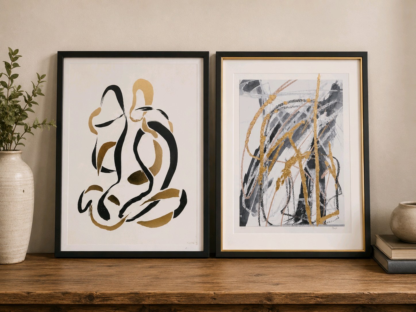 Pair of Framed Abstract Wall Art Prints with Gold & Black Accents