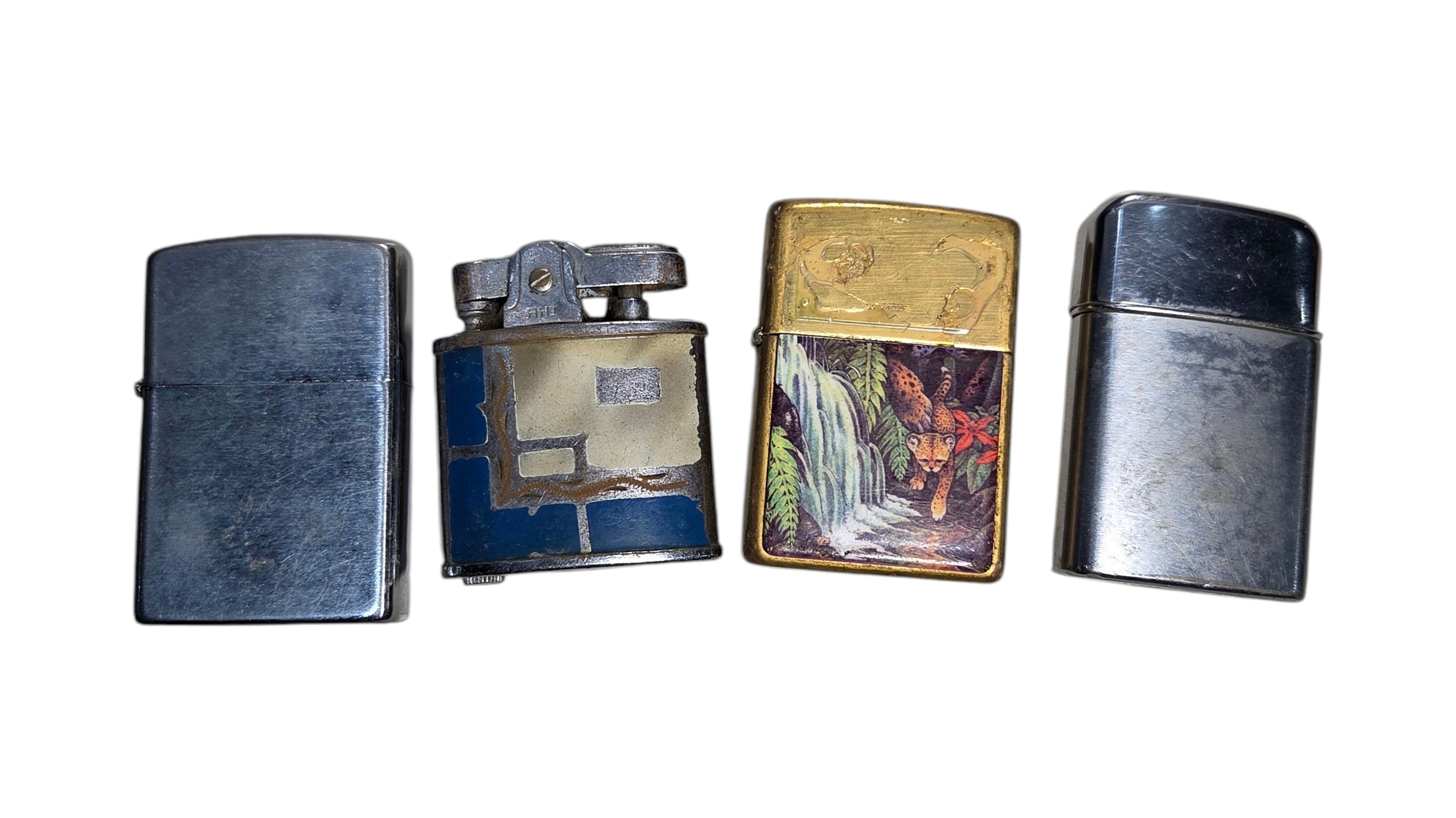 Lot of 4 Vintage Pocket Lighters  Zippo Style, Lift Arm & Decorative Designs