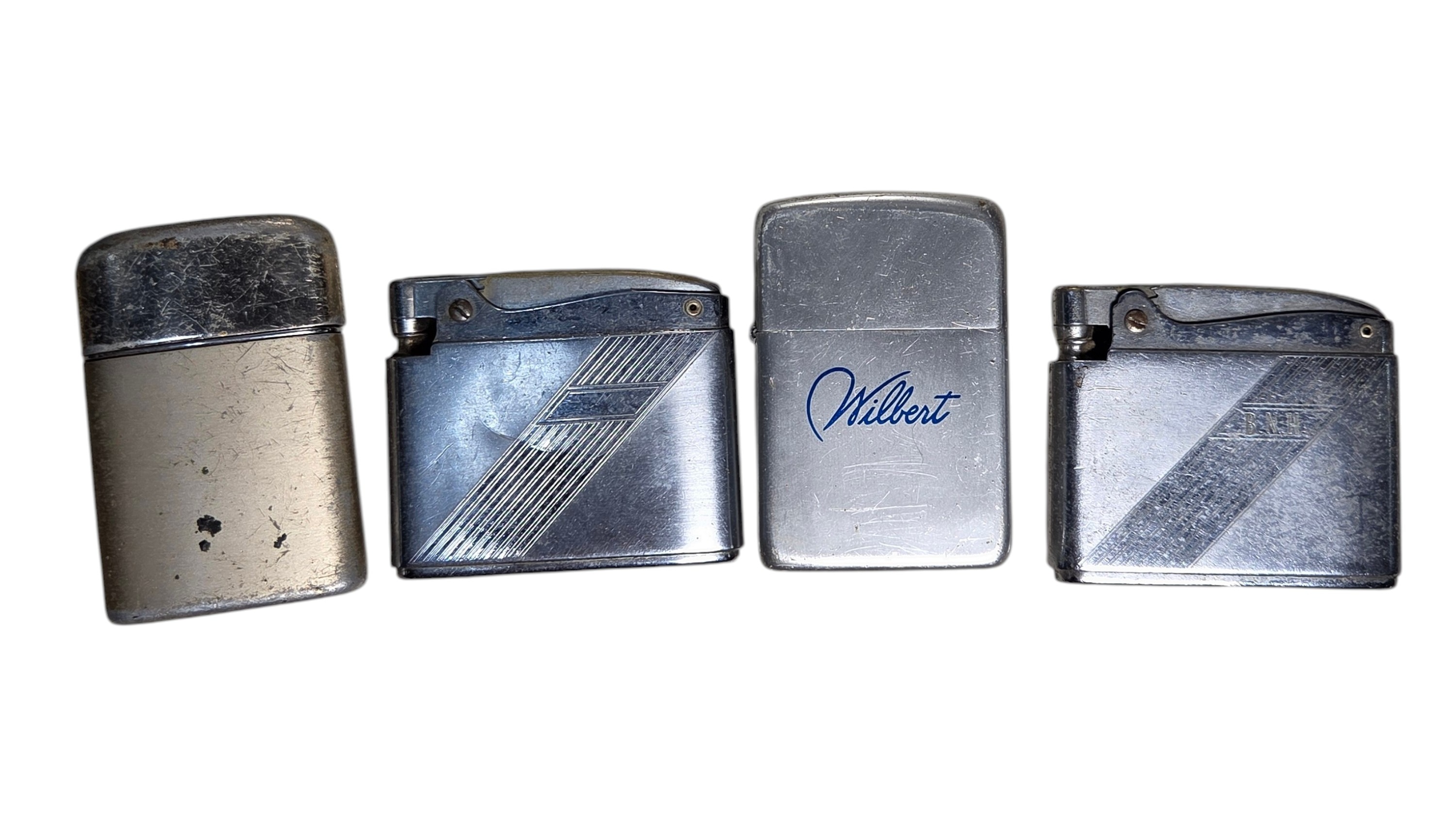 Lot of 4 Vintage Pocket Lighters  Silver Tone, Wilbert Advertising & Flip Top Styles
