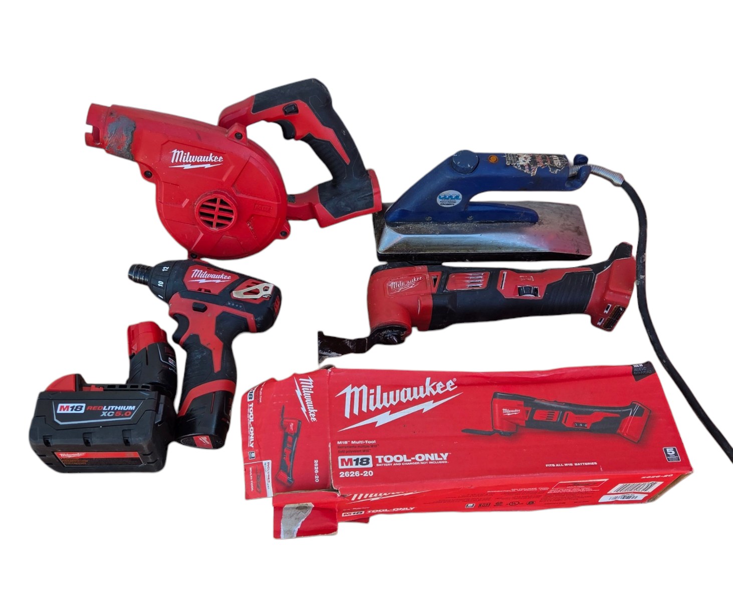 Milwaukee M18M12 Tool Lot With Batteries, Multi-Tool, Screwdriver, Blower & Roberts Cool Shield Iron
