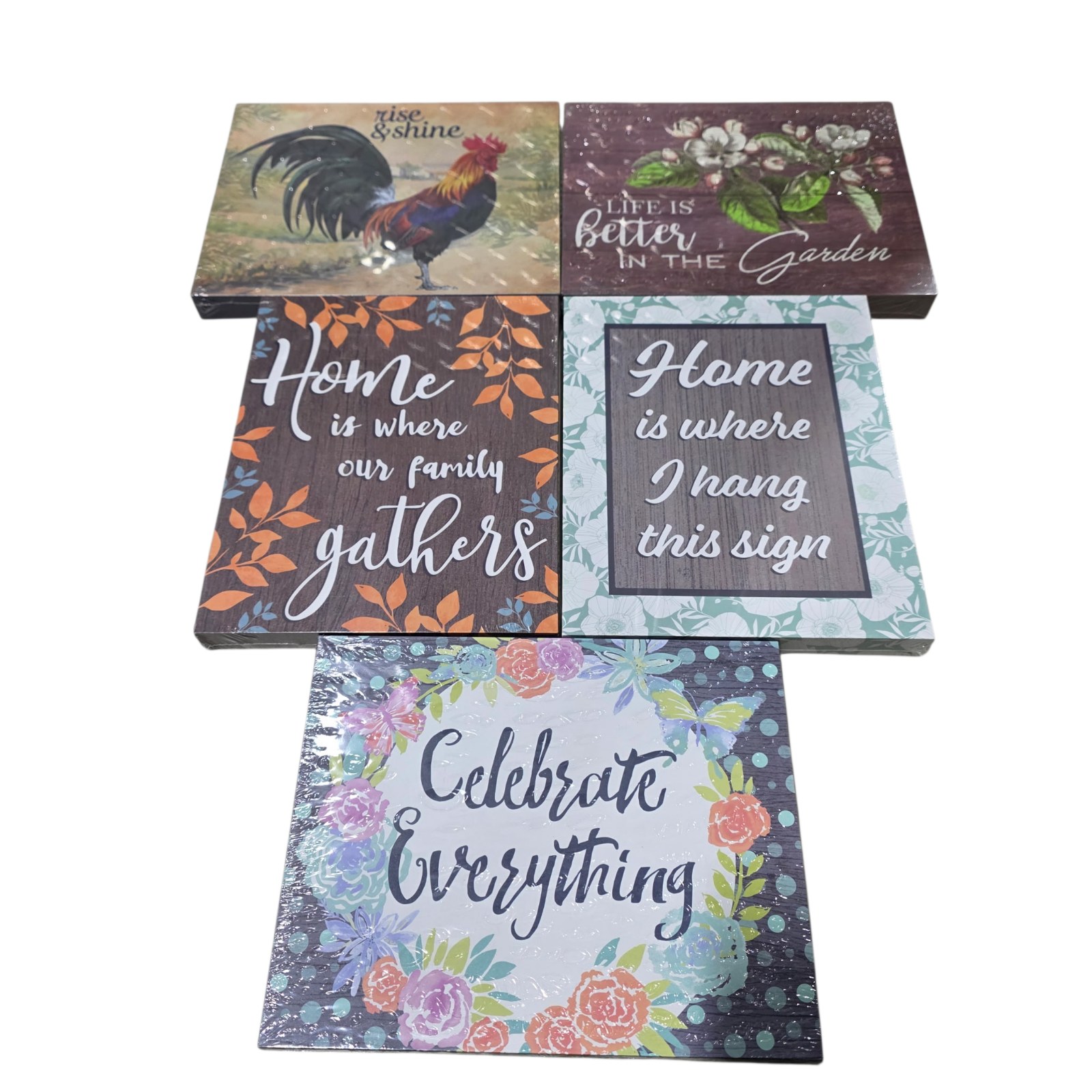 Decorative Wall Art Sign Lot  Home, Garden, Rooster, Celebrate Everything