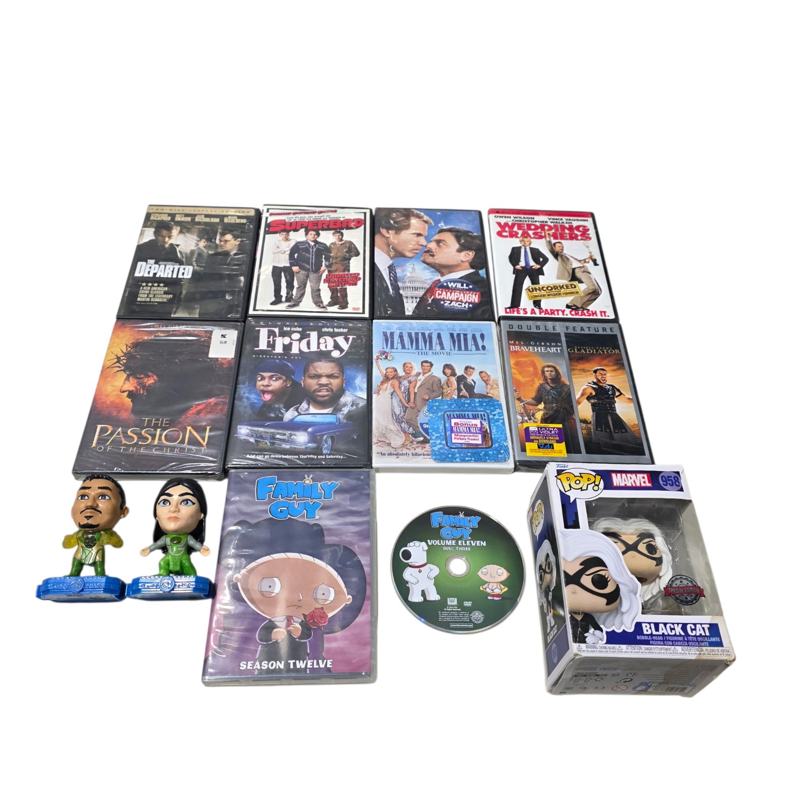 Mixed DVD, Collectibles & Funko Pop Lot  Black Cat, Family Guy, Marvel, Movies