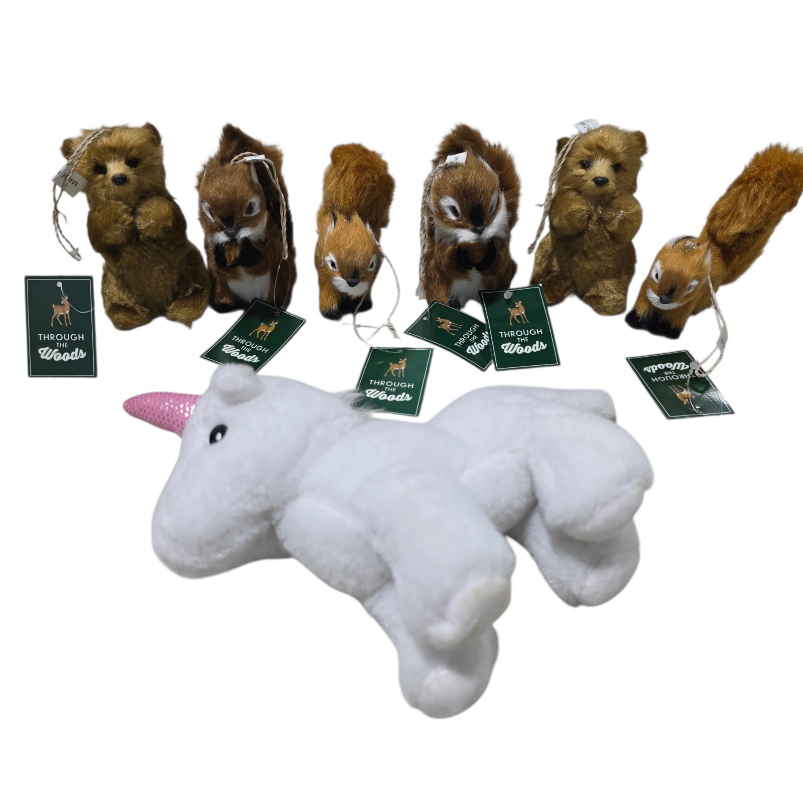 Through the Woods Plush Animal Ornaments & White Unicorn Plush Lot over 60$ retail