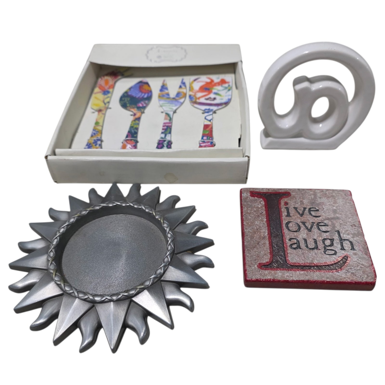 Mixed Home Decor Lot  Artistic Spoons, Live Love Laugh Plaque, Sun Tray and Abstract Decor
