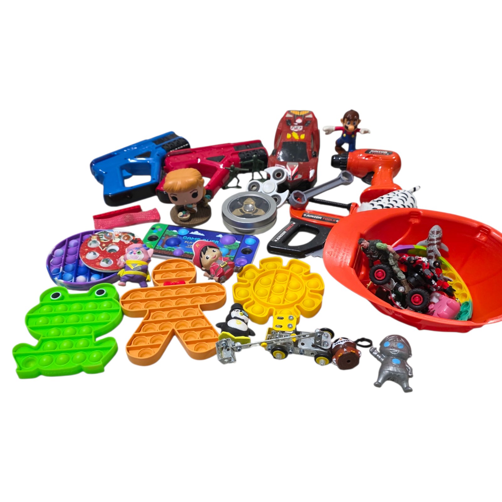 Mixed Kids Toy Lot with Pop Its, Toy Tools, Cars & Small Figures