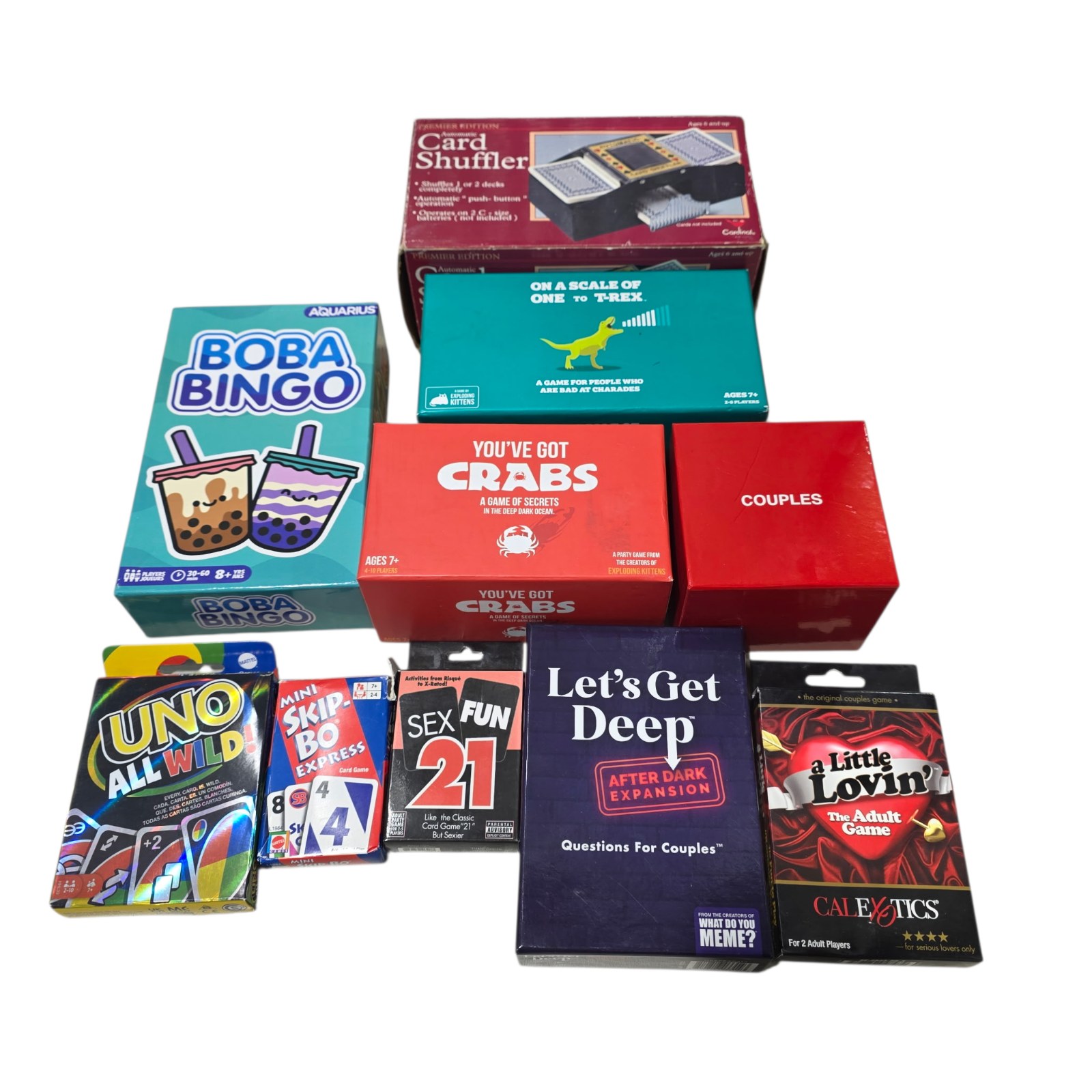 Mixed Card Game & Party Game Lot with UNO, Boba Bingo, Crabs & More