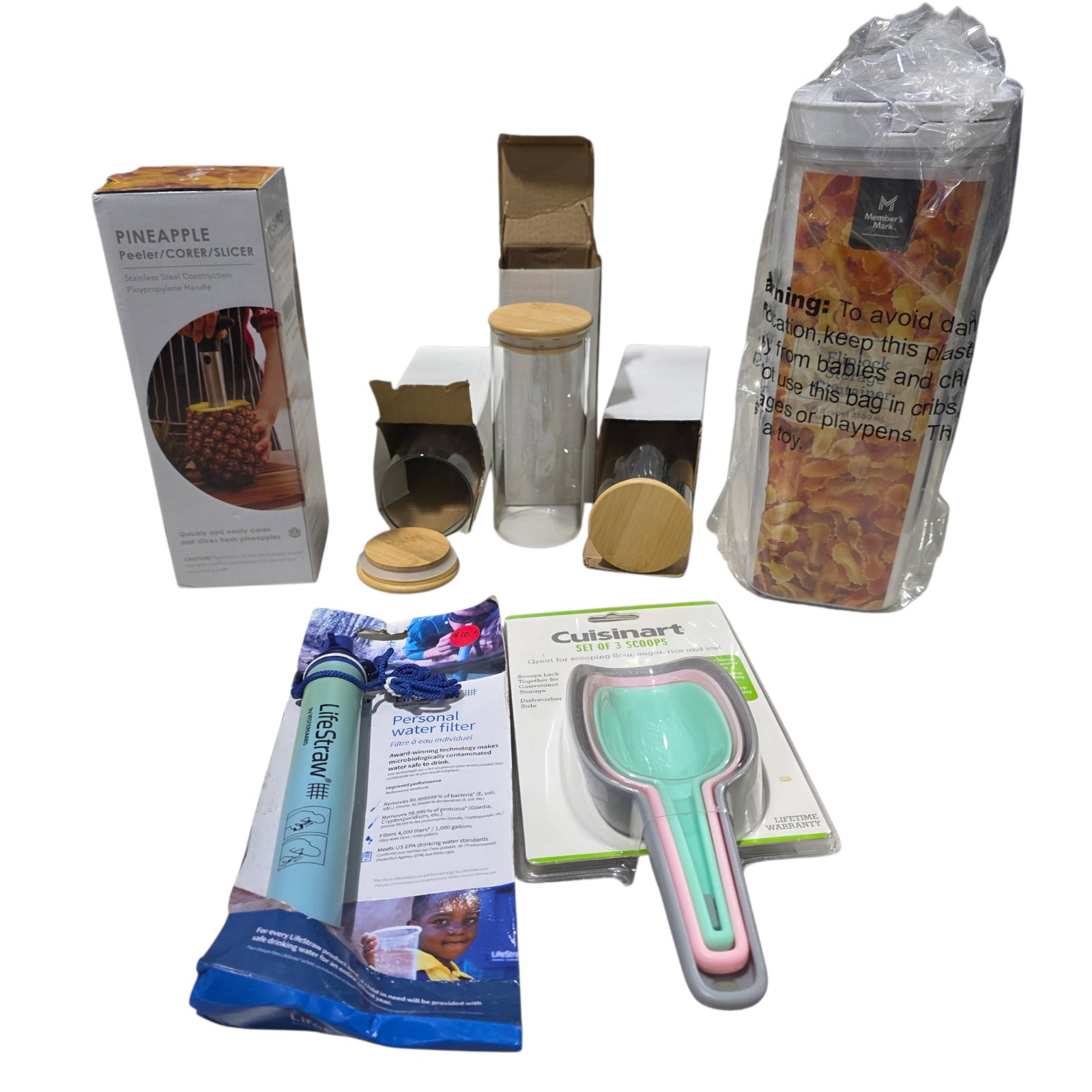 Mixed Kitchen & Household Lot with LifeStraw, Cuisinart Scoops, Pineapple Corer & Canisters