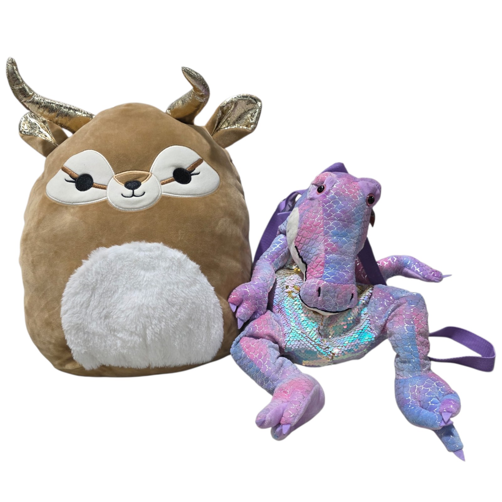 Squishmallows Deer Plush & Purple Dragon Backpack Plush Lot
