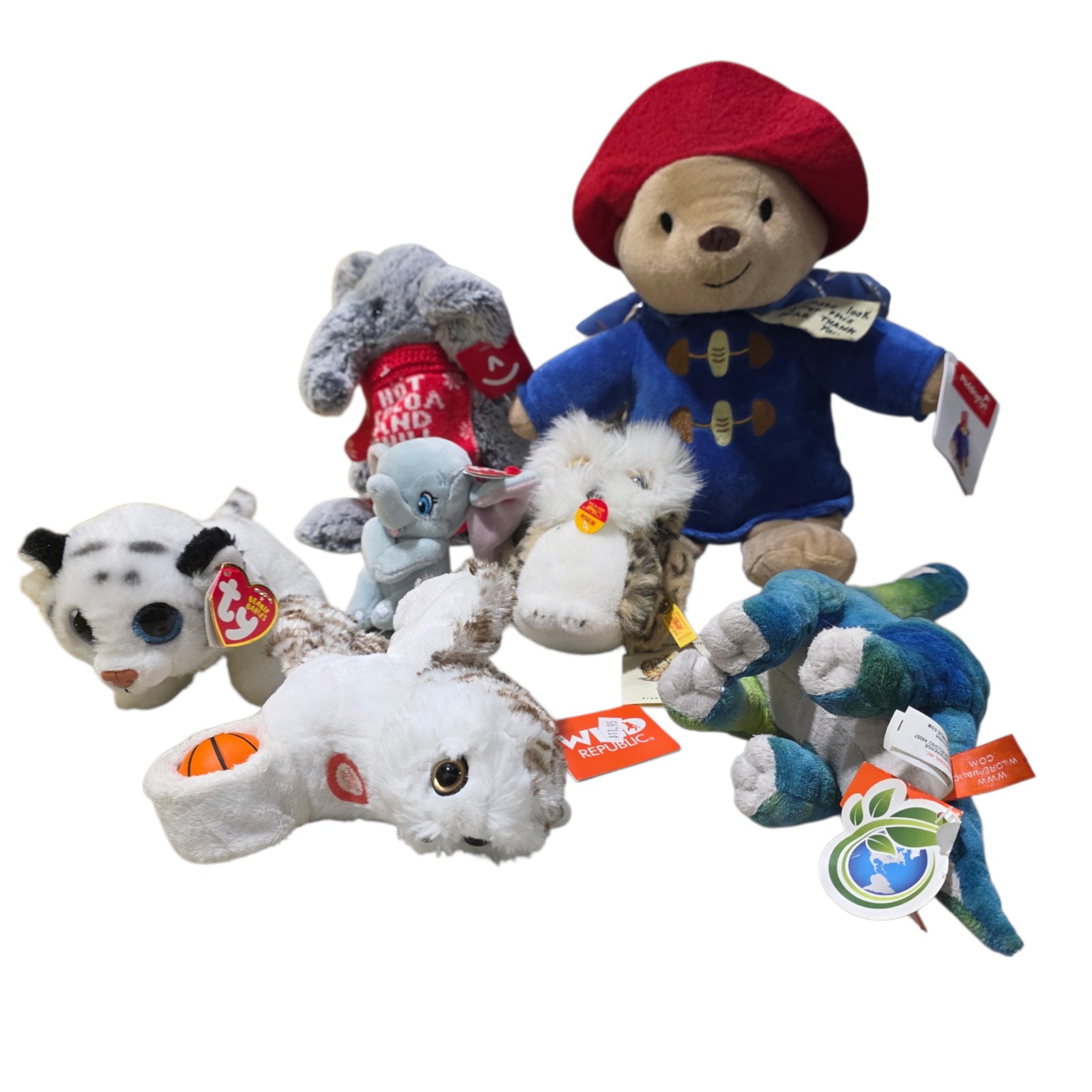 Mixed Plush Toy Lot with Paddington Bear, TY Beanie Babies, Owl & Animals