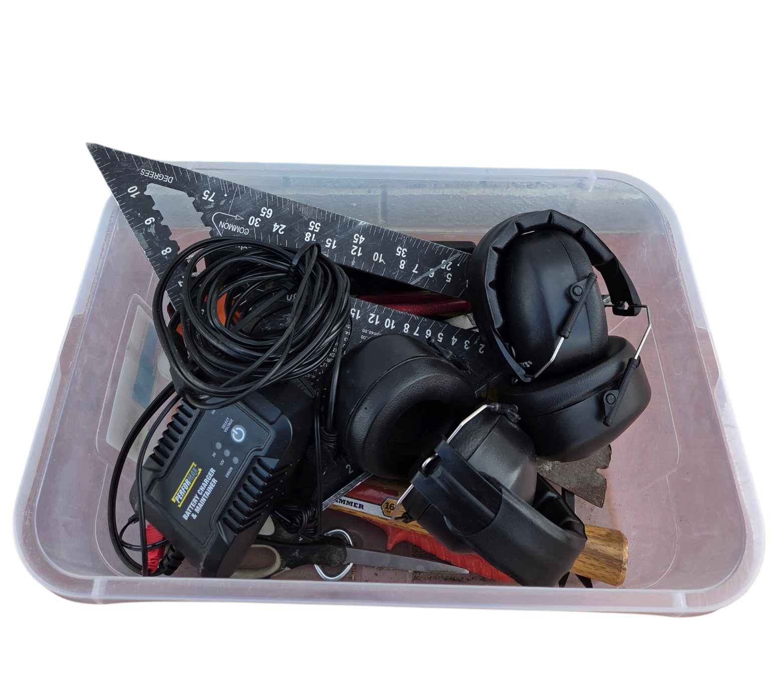 Mixed Hand Tool & Accessory Lot with Ear Protection, Squares, Pliers & Cutters