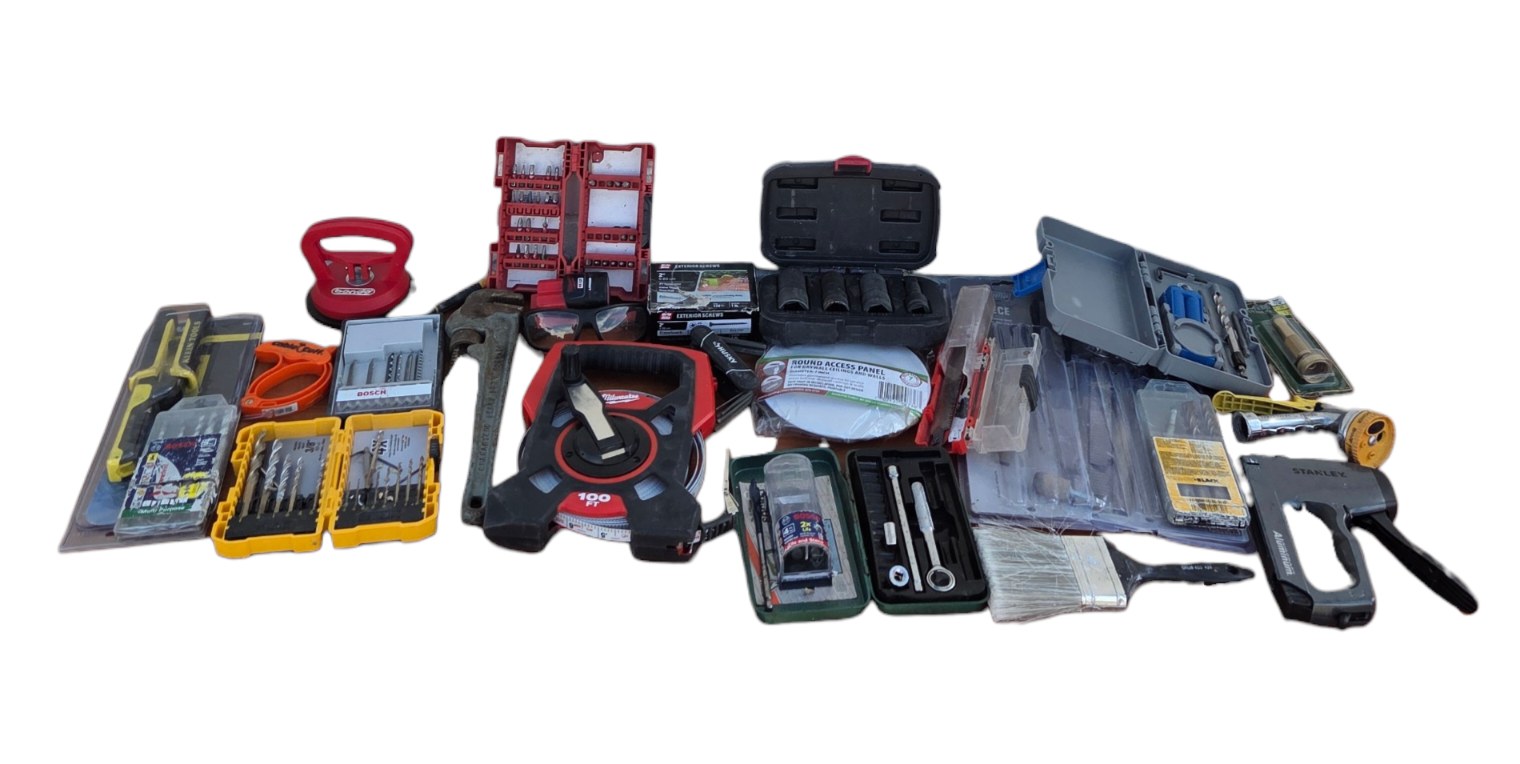 Large Mixed Tool Lot with Milwaukee Tape, Bosch Bits, Pipe Wrench & Accessories