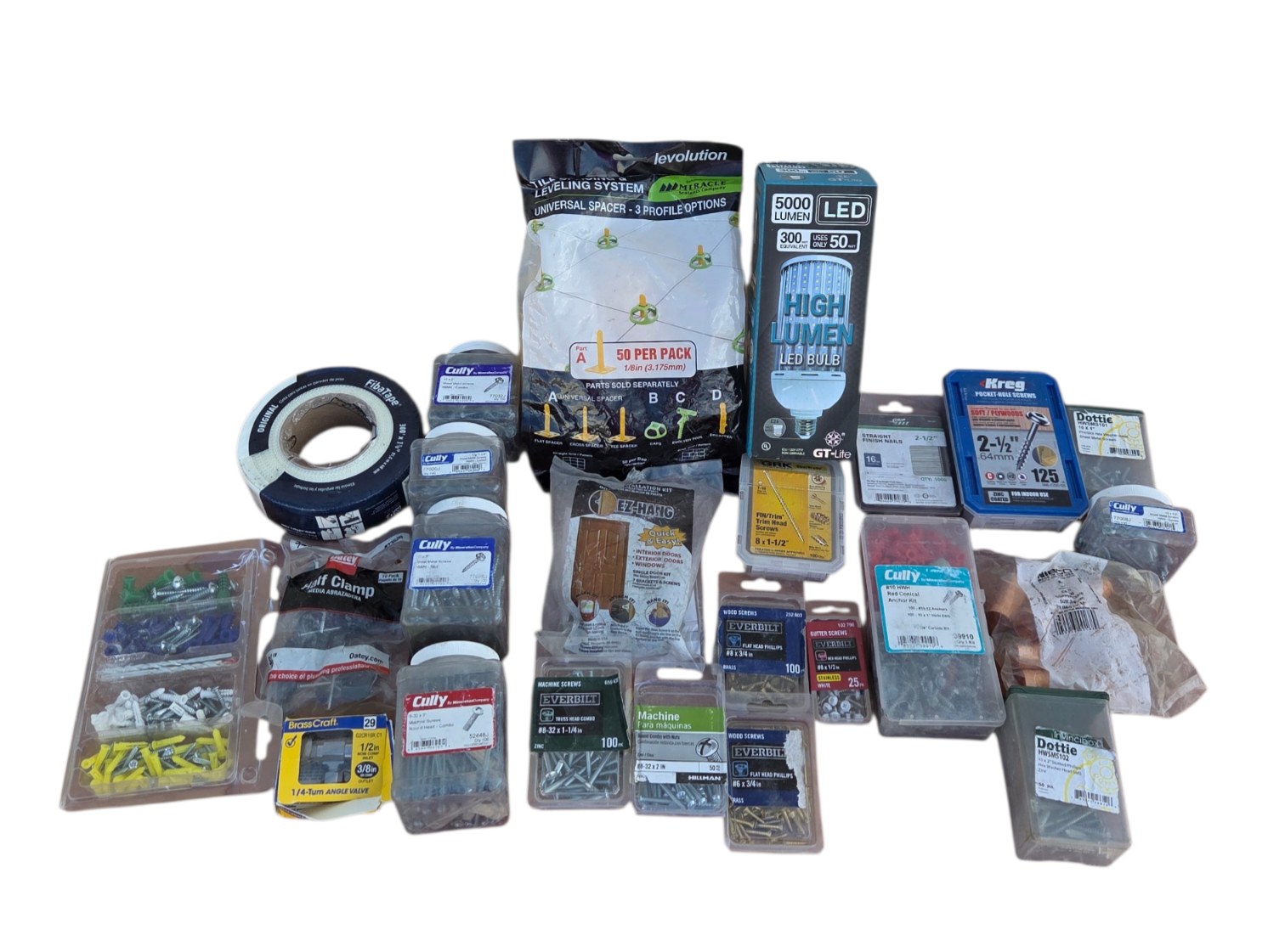 Mixed Hardware Lot with Screws, Fasteners, LED Bulb, Tape & Leveling System