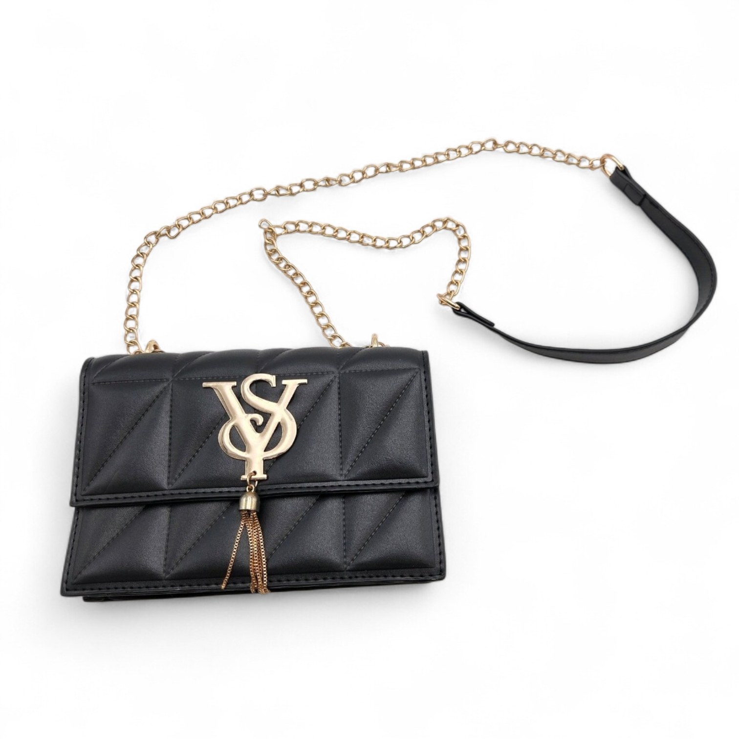 Black Quilted Chain Strap Crossbody Purse with Gold VS Logo